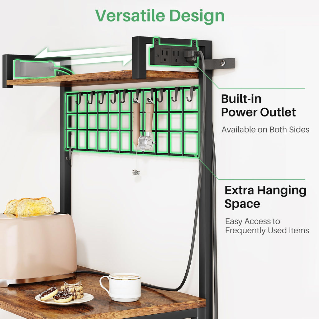 SNTD Bakers Rack with Power Outlet, Kitchen Shelves Microwave Stand with Wire Grid and 10 Hooks, 4 Tiers Coffee Stand (Rustic Brown, 23.5 x 15.6 x 52.8 Inches)