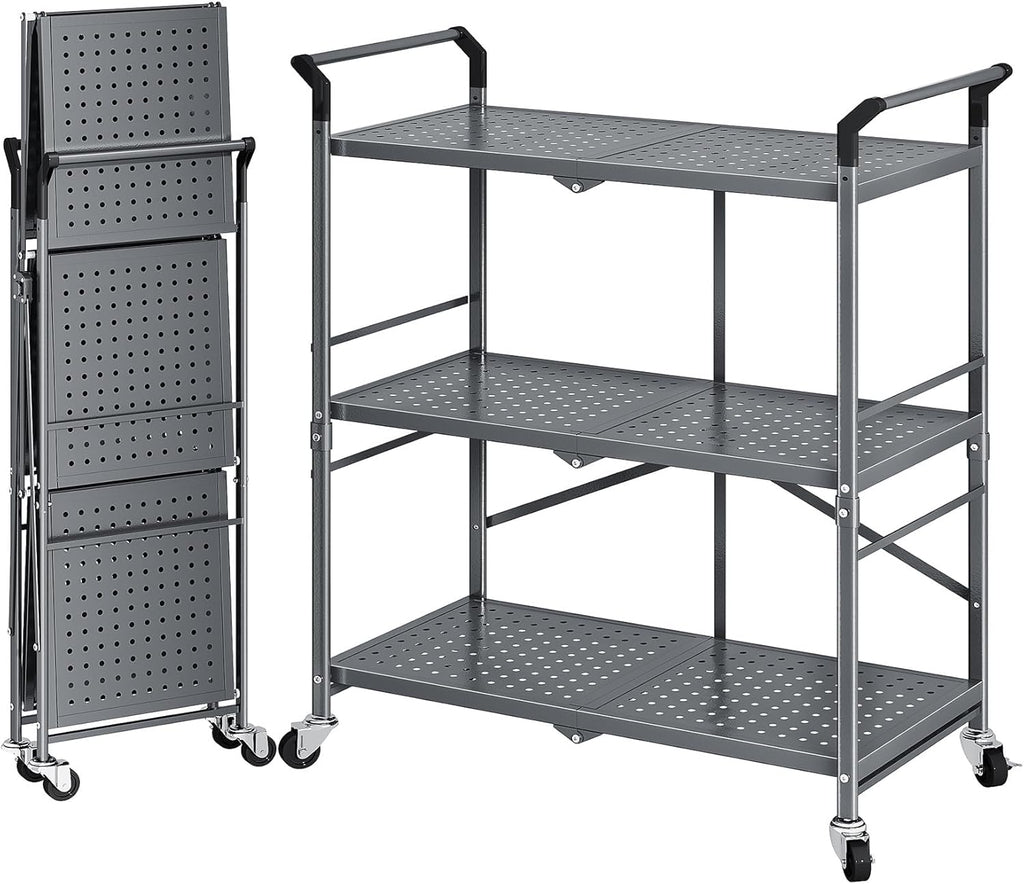 SNTD 3 Tier Rolling Cart Metal - Folding Utility Carts with Wheels for Office Storage Garage Kitchen, Grey