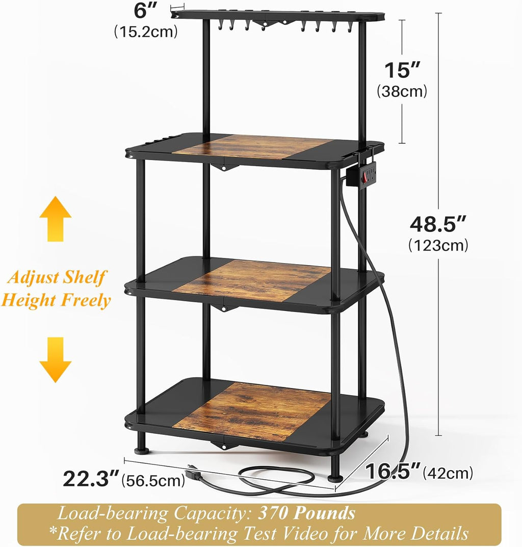 SNTD Kitchen Bakers Rack with Power Outlet - Easy & Tool-Free Assembly, Adjustable Coffee Bar Station 4 Tiers, Microwave Stand with 12 Hooks, Brown