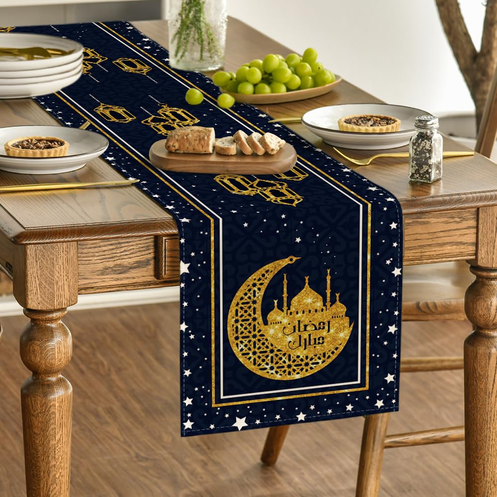 Artoid Mode Black Moon Star Gloden Ramadan Table Runner, Seasonal Summer Holiday Kitchen Dining Table Decoration for Home Party Decor 13 x 72 Inch
