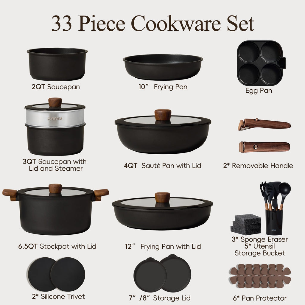 CAROTE 19pcs Pots and Pans Non Stick, Cookware Sets Detachable Handle, Induction Kitchen Pots and Pans,NonStick Cooking Set, Oven/Dishwasher/Fridge Safe, Space Saving