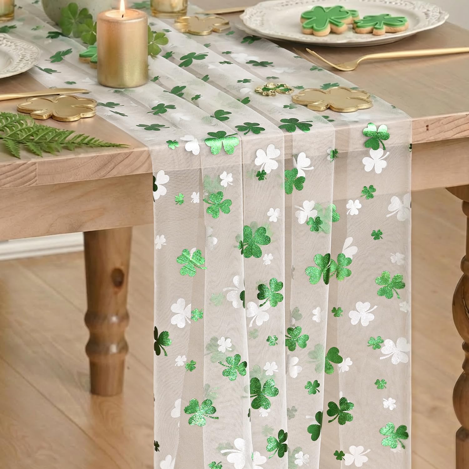 Artoid Mode Gauze Green Shamrocks St.Patrick's Day Table Runner 120 Inch 10FT,Seasonal Sheer Dining Holiday Baby Shower Table Decor for Home Party