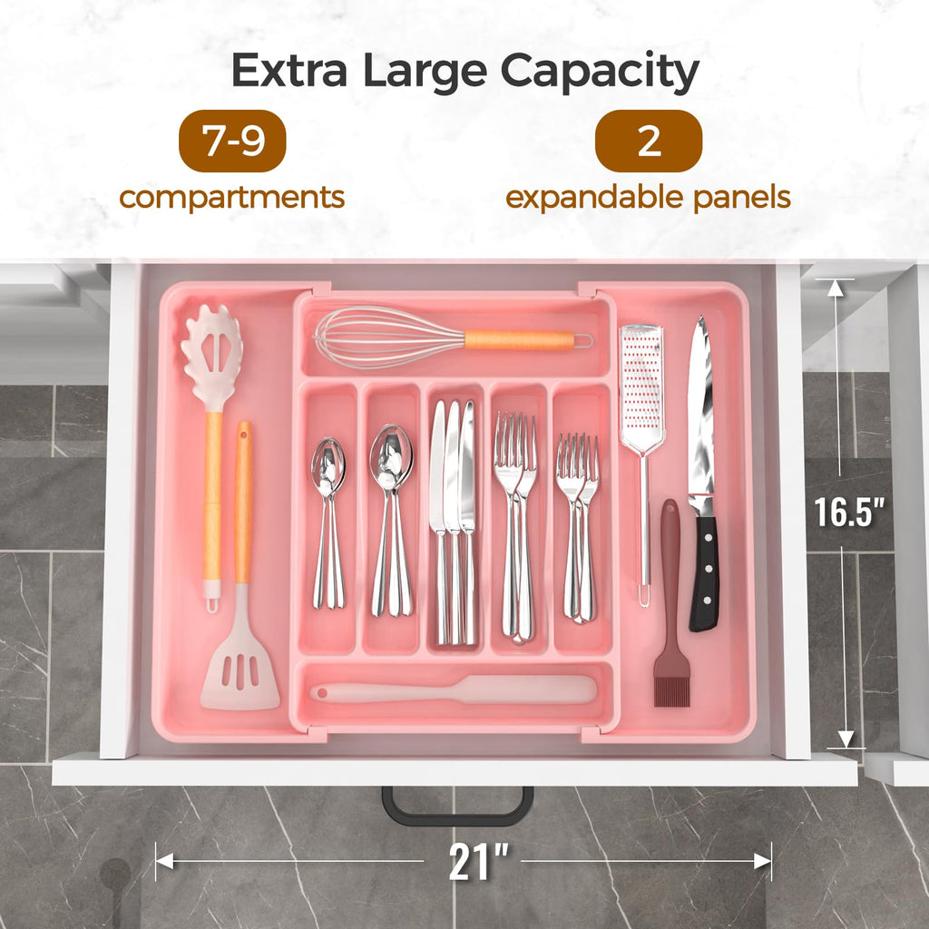 Extra Large Expandable Silverware Organizer, BPA-Free Food-Safe Cutlery Flatware Organizer, Kitchen Utensil Drawer Organizer, Adjustable Silverware Holder for Spoons Forks Knives, Black