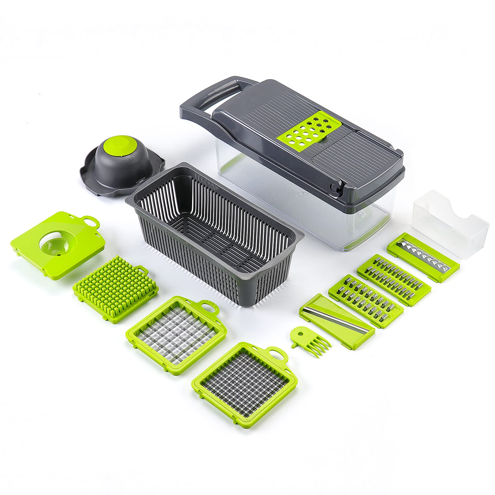 KEOUKE Vegetable Chopper Mandoline Slicer Grey - 12 in 1 Interchangeable Blades Food Chopper with Container, Hand Guard & Drainer, Veggie Dicer Kitchen Gadget for Onion, Cucumber, Tomato, Fruit