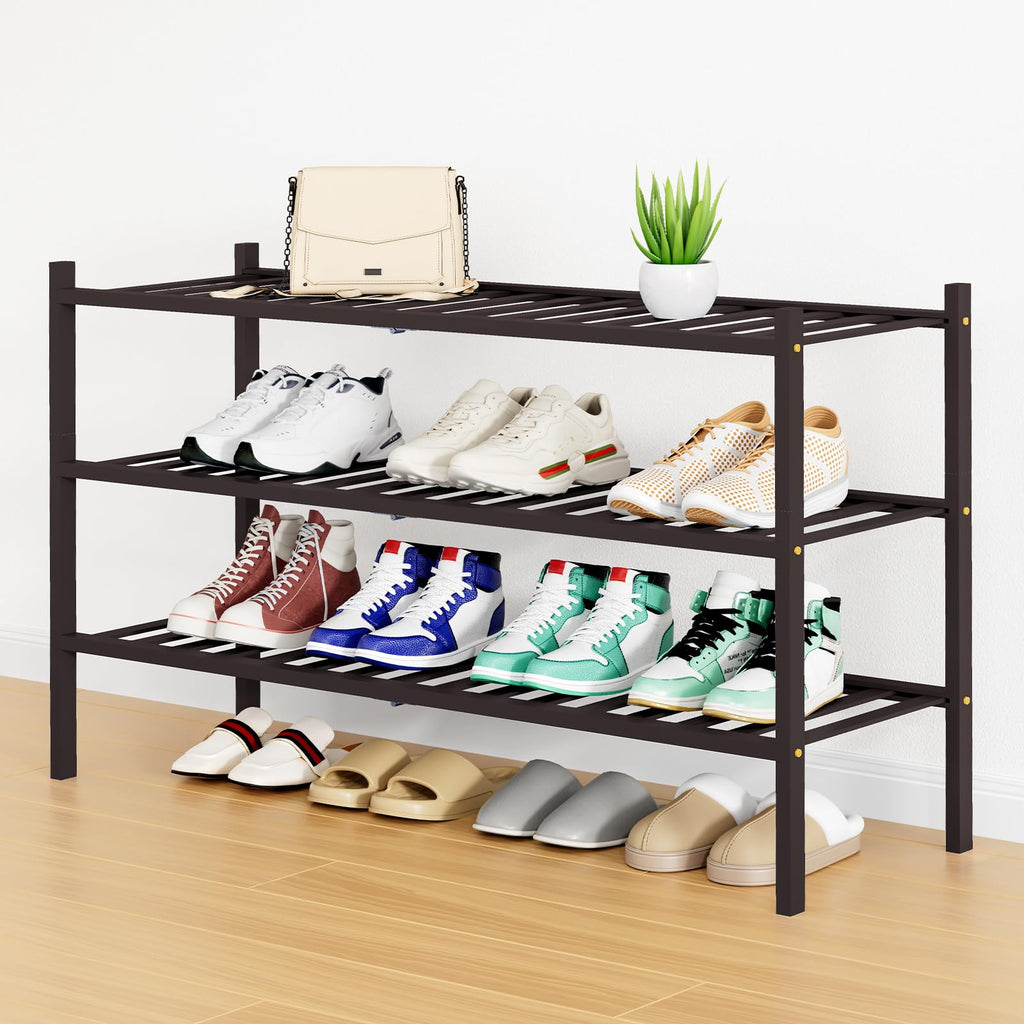 Smiry Shoe Rack, 3 Tier Bamboo Shoe Organizer, Stackable Free Standing Wooden Shoe Storage Shelf for Closet, Entryway, Front Door Entrance, Natural