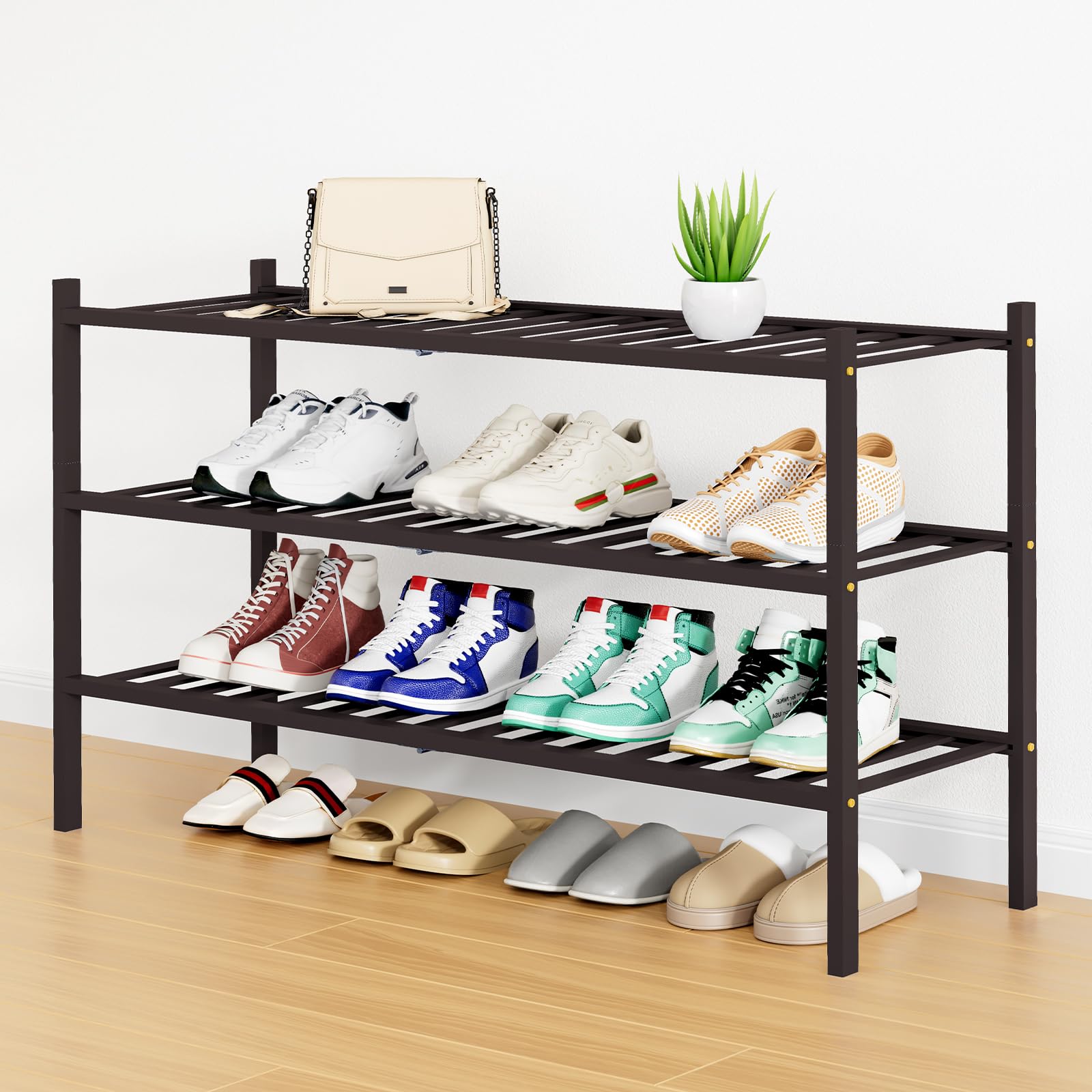 Smiry Shoe Rack, 3 Tier Bamboo Shoe Organizer, Stackable Free Standing Wooden Shoe Storage Shelf for Closet, Entryway, Front Door Entrance, Natural