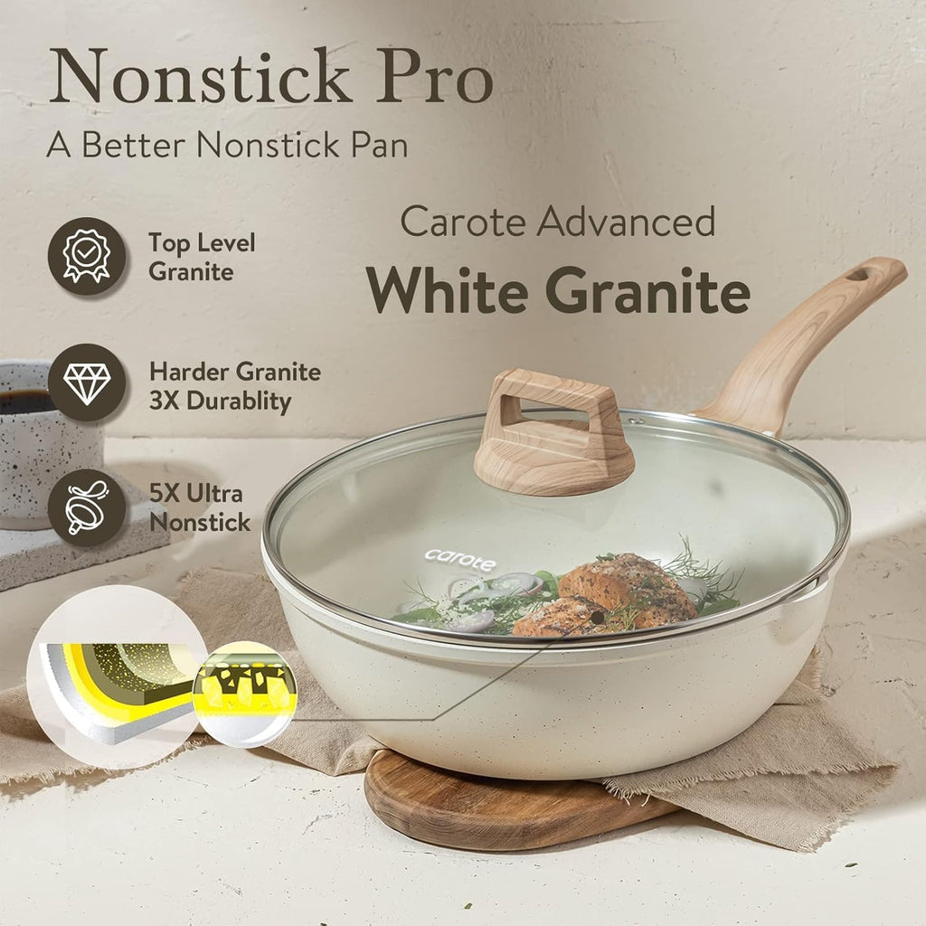 CAROTE 12Inch Nonstick Deep Frying Pan with Lid, 5.5 Qt Jumbo Cooker Saute Pan with Pour Spout, Skillet Induction Cookware, Non Stick Cooking Pan Kitchen Pan PFOA Free, White Granite