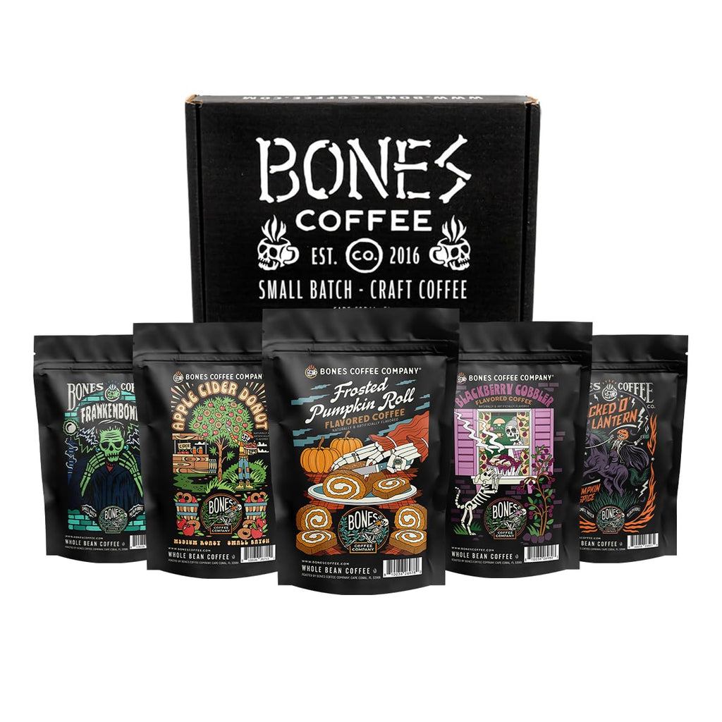 Bones Coffee Company NEW Favorite Flavors Sample Pack, Assorted Flavored Coffee Low Acid Medium Roast Arabica Beans Specialty Coffee Gifts, Auto Drip and French Press Compatible, 4 oz Pack of 5 Ground