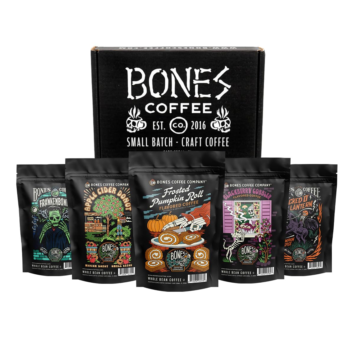 Bones Coffee Company NEW Favorite Flavors Sample Pack, Assorted Flavored Coffee Low Acid Medium Roast Arabica Beans Specialty Coffee Gifts, Auto Drip and French Press Compatible, 4 oz Pack of 5 Ground