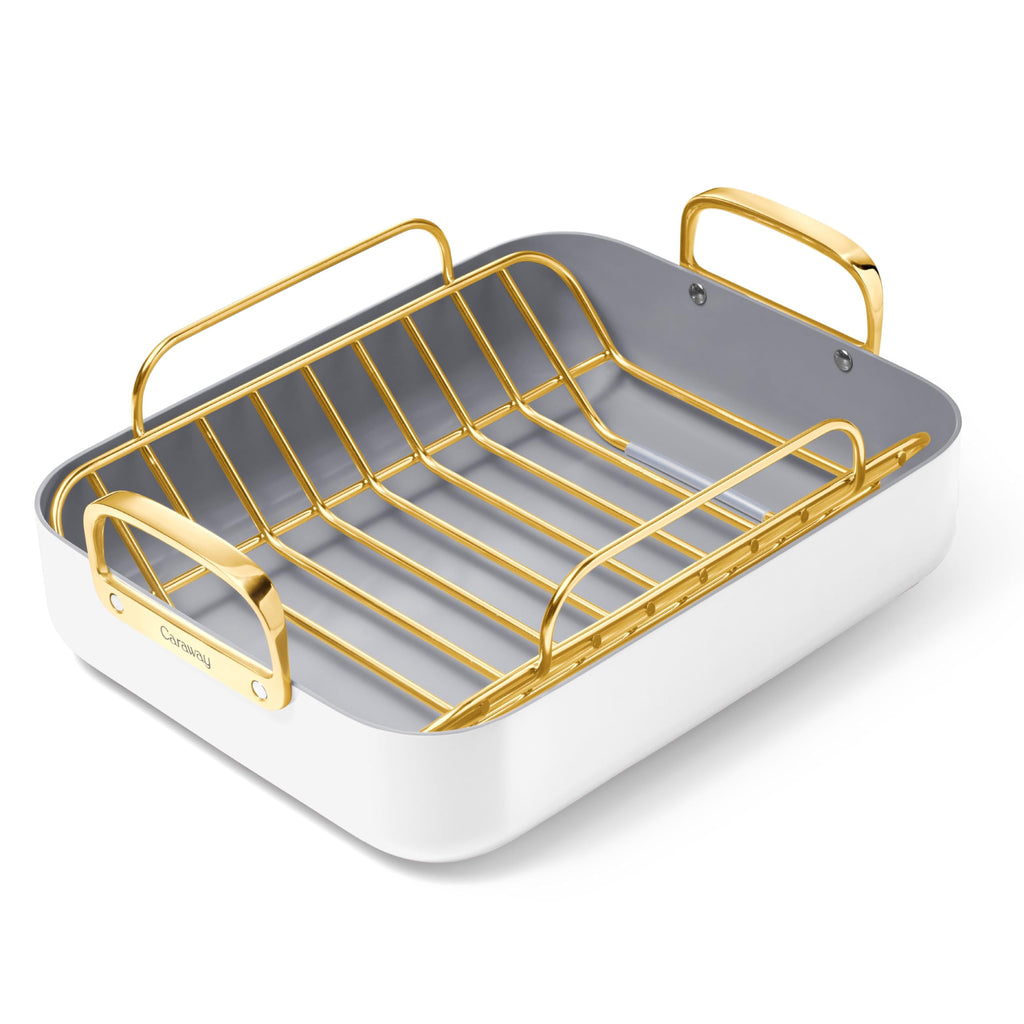 Caraway Roasting Pan - 16x13” Roasting Pan with Rack - Non-Stick Ceramic Coated - Non Toxic, PTFE & PFOA Free - Oven Safe & Compatible with All Stovetops - Cream