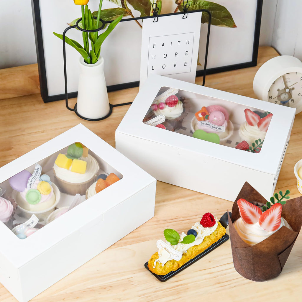 15 Pack Cupcake Boxes with Inserts 6 Holders, White Standard Bakery Boxes with Window Food Grade Cupcake Containers 6 Count for Muffins