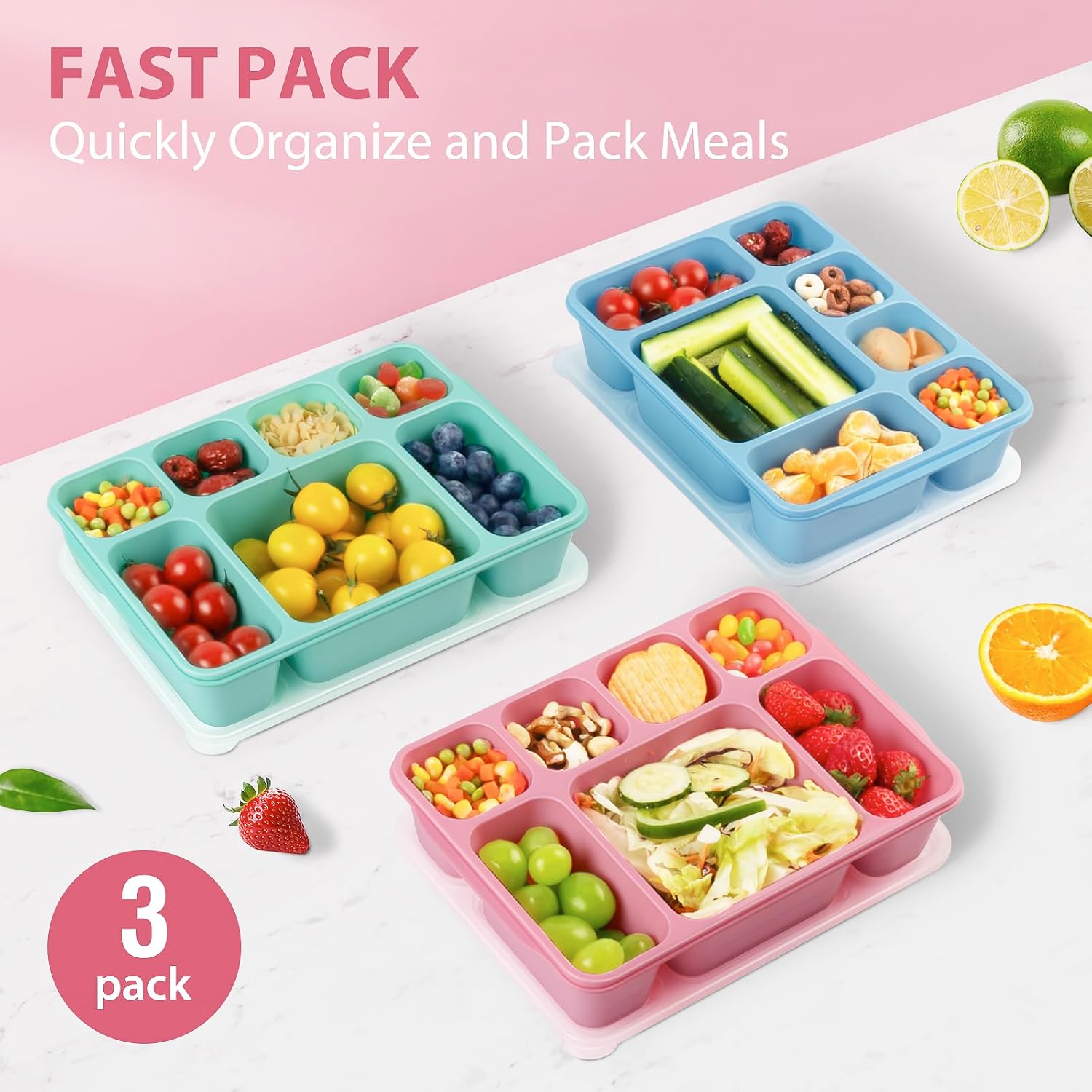 Freshmage Bento Box Lunch Box 3 Pack, 7-Compartment Meal Prep Containers with Lids, Reusable Stackable Snack Containers for Adults, BPA-Free, Microwave & Dishwasher Safe (3 Colors)