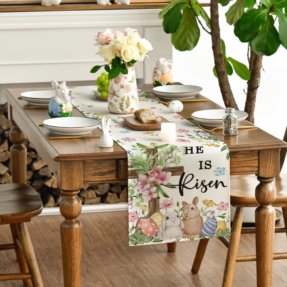 Artoid Mode Bunny Rabbits Eggs He is Risen Easter Table Runner, Seasonal Spring Kitchen Dining Table Decoration for Home Party Decor 13x72 Inch