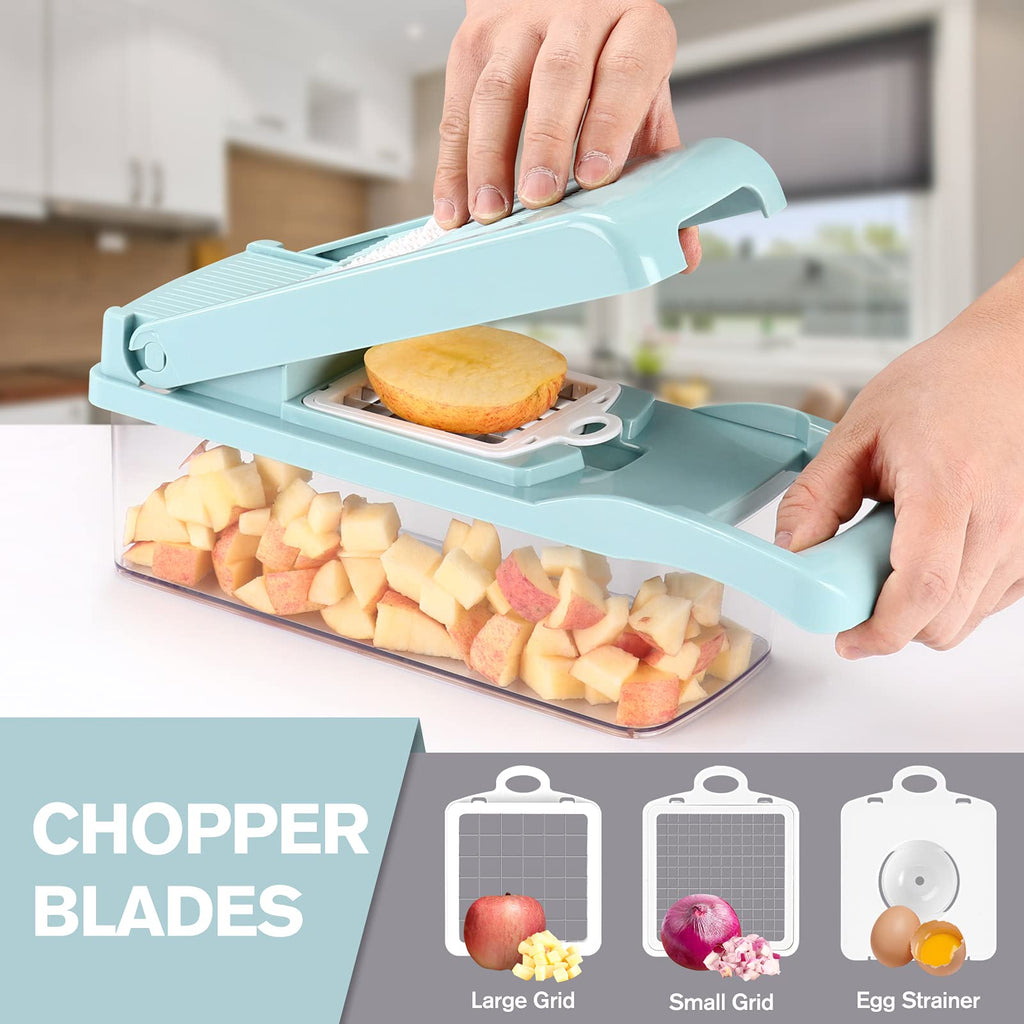 KEOUKE Vegetable Chopper Mandoline Slicer Grey - 12 in 1 Interchangeable Blades Food Chopper with Container, Hand Guard & Drainer, Veggie Dicer Kitchen Gadget for Onion, Cucumber, Tomato, Fruit