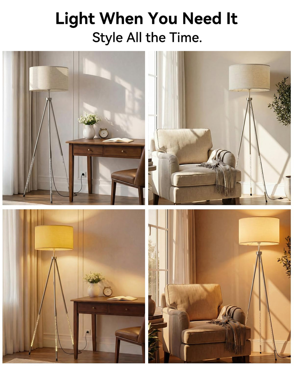 JOOFO Tripod Floor Lamp with Fabric Shade, Crystal-Style Acrylic & Metal Pole Design, Stepless Dimmable Standing Floor Lamp with Remote Control, Mid-Century Style for Living Room Bedroom,Satin Nickel