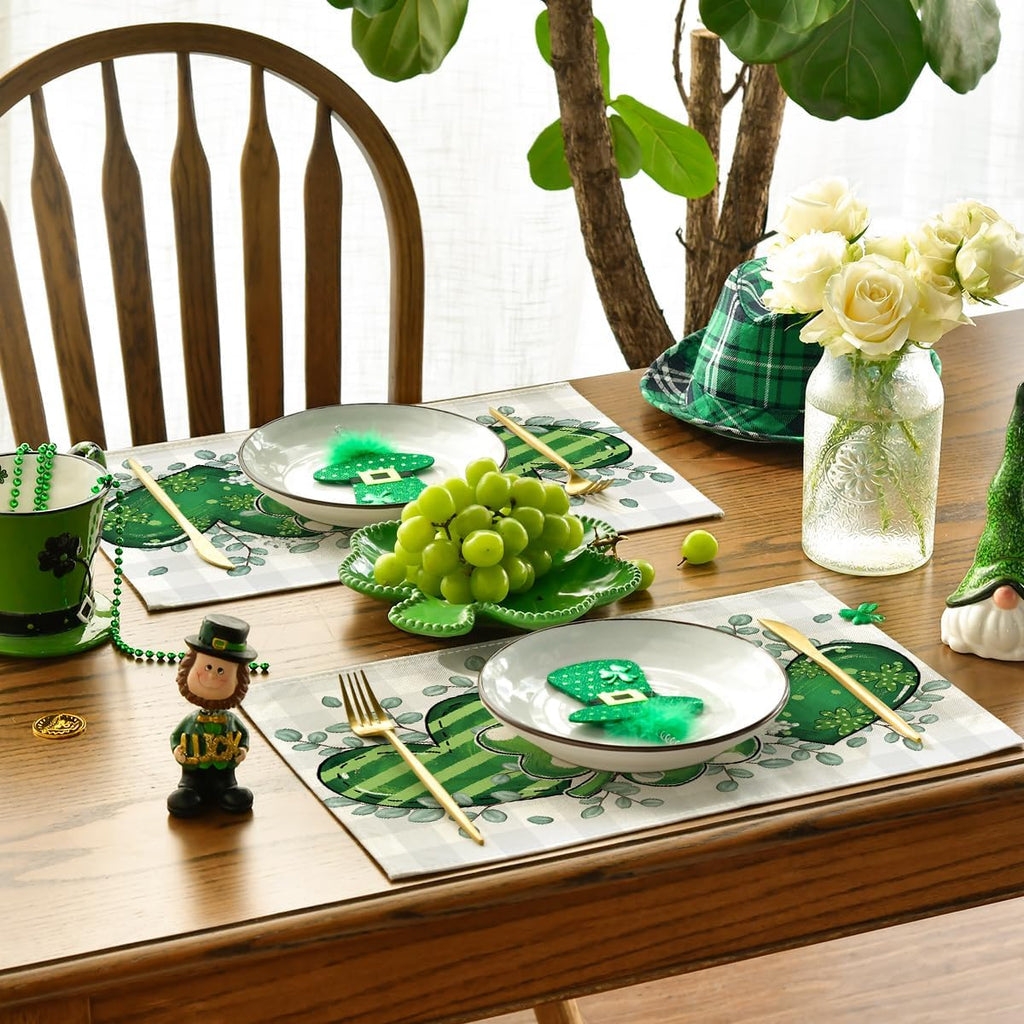 Artoid Mode Bufflao Plaid Shamrock St. Patrick's Day Placemats Set of 4, 12x18 Inch Seasonal Spring Table Mats for Party Kitchen Dining Decoration