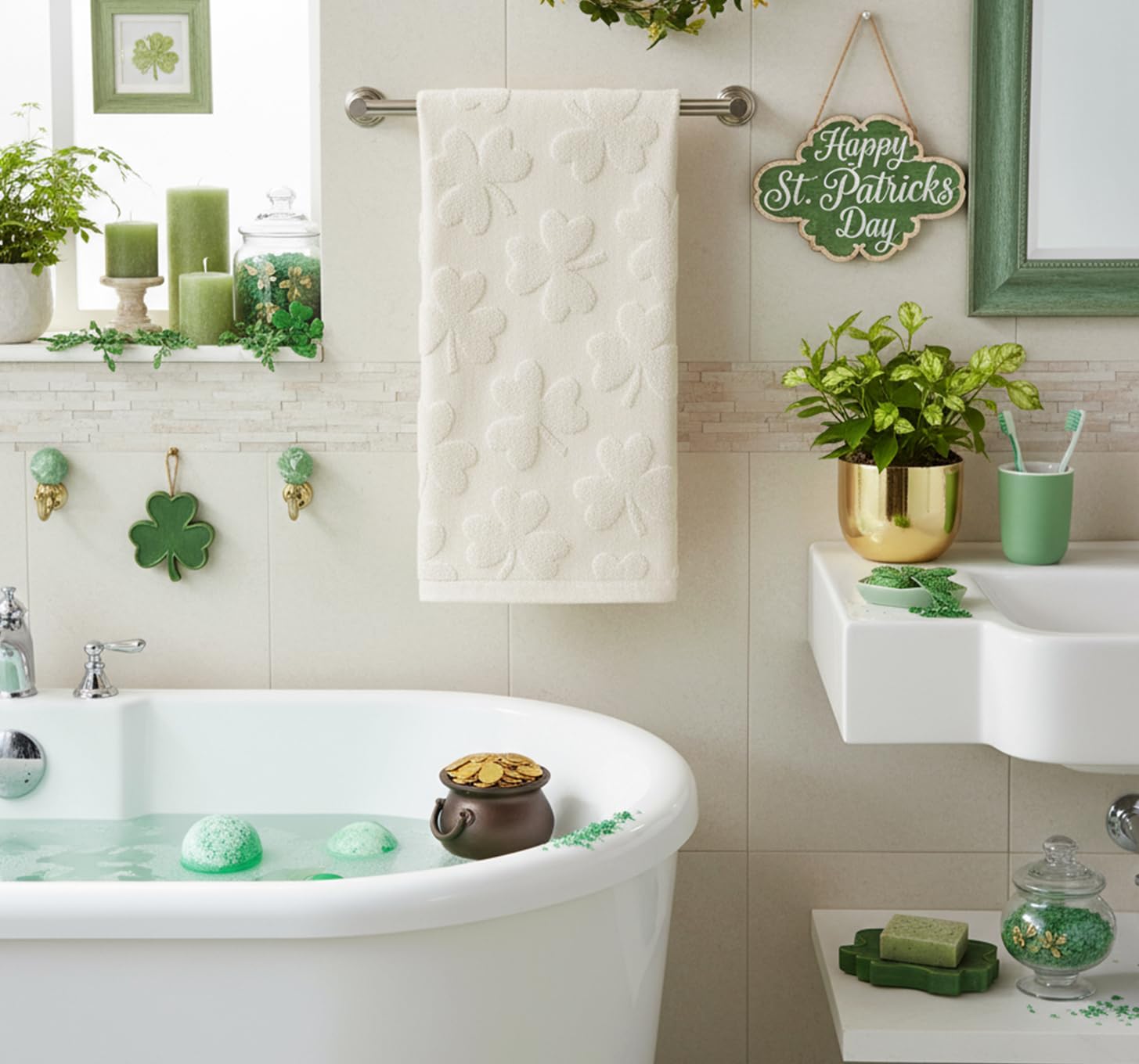 Artoid Mode 2 Pcs Dark Green 3D Shamrock Jacquard Patrick Hand Towels for Bathroom, 100% Cotton Soft Absorbent Bathroom Decor Towels, 13.7 x 29.5 Inch