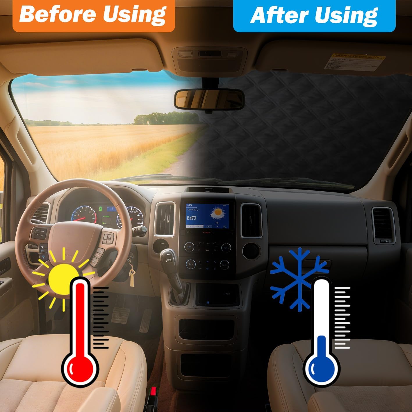RedCall RV Windshield Sun Shade Cover,Rv Window Shade for Class C Ford E450 1997-2025 Motorhome,Upgraded Thickening Type for Ice and Snow,Rv Accessories for Inside