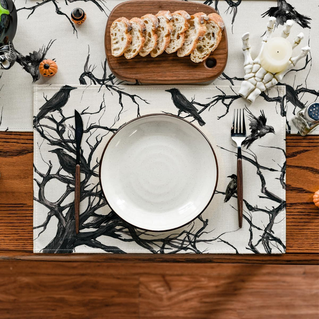 Artoid Mode Tree Crows Halloween Placemats Set of 4, 12x18 Inch Branches Fall Table Mats for Outdoor Home Party Kitchen Dining Decoration