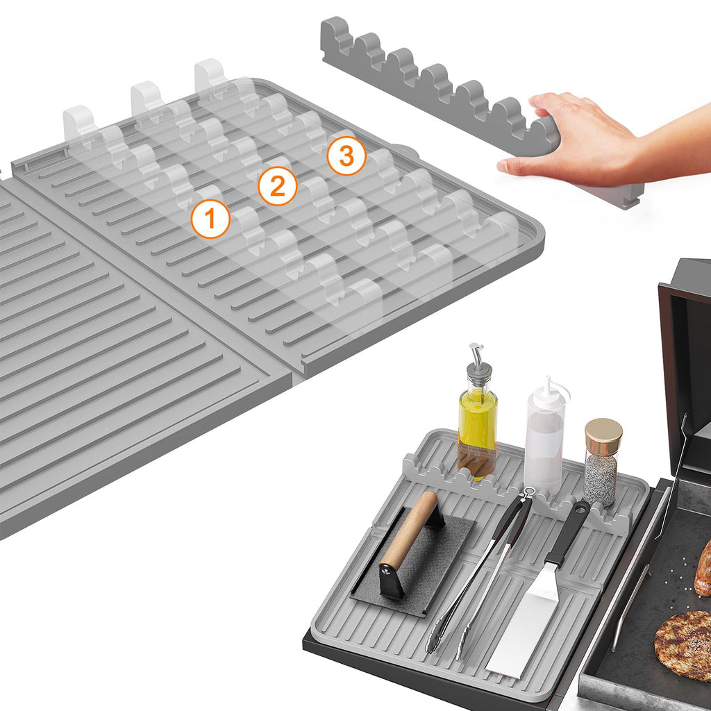 Silicone Grill Mat Compatible with Blackstone, Silicone Griddle Tool Mat with Adjustable Slots, Side Shelf Mat with Drip Pad for Griddle Accessories (Grey)