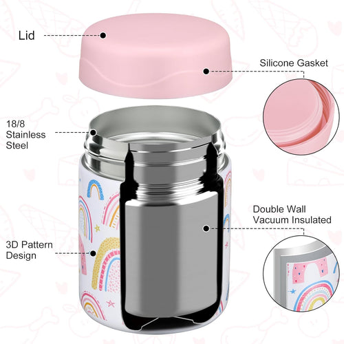 12oz Soup Thermo for Hot Food Kids Insulated Food Jar Wide Mouth Lunch Container Leak Proof Stainless Steel Vacuum Bento Box for School Office Travel Outdoors White-Rainbow