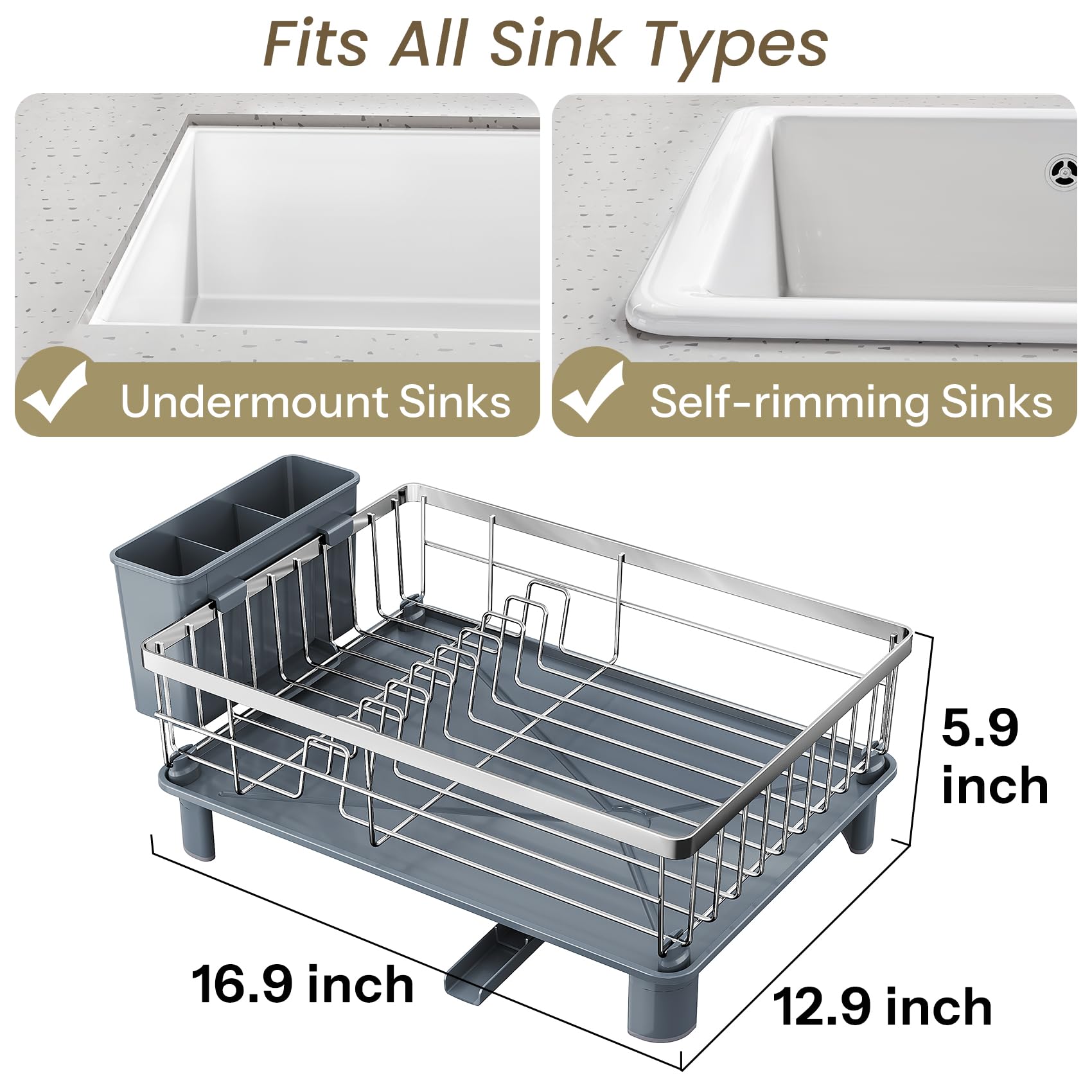 SNTD Dish Drying Rack - Small Dish Rack for Kitchen Counter, Stainless Steel Dish Drainer with Utensil Holder and Drainboard, 11" W x 15" L (Black)