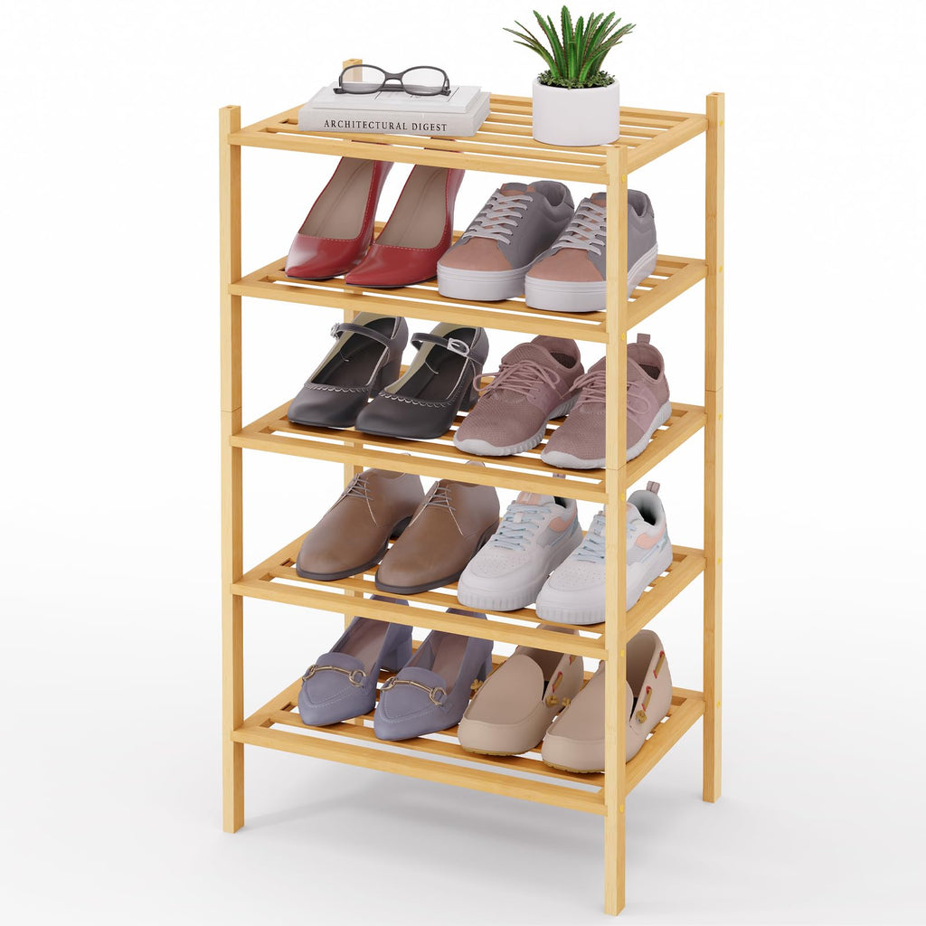 Smiry Bamboo Shoe Rack 3-Tier, Stackable Wooden Shoe Organizer for Entryway & Closet, Free Standing Wood Shoe Storage Shelf for Front Door & Small Spaces, Natural