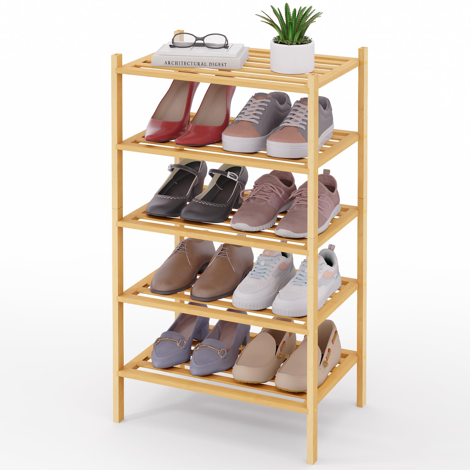 Smiry Bamboo Shoe Rack 3-Tier, Stackable Wooden Shoe Organizer for Entryway & Closet, Free Standing Wood Shoe Storage Shelf for Front Door & Small Spaces, Natural