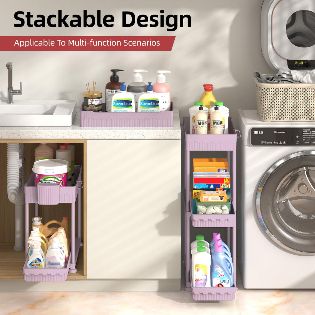 4 Pack Under Sink Organizer, Bathroom Organizers and Storage, 2 Tier Multi-Use Pull Out Cabinet Organizer with Hang Hooks and Cups (Black, 4 Pack)