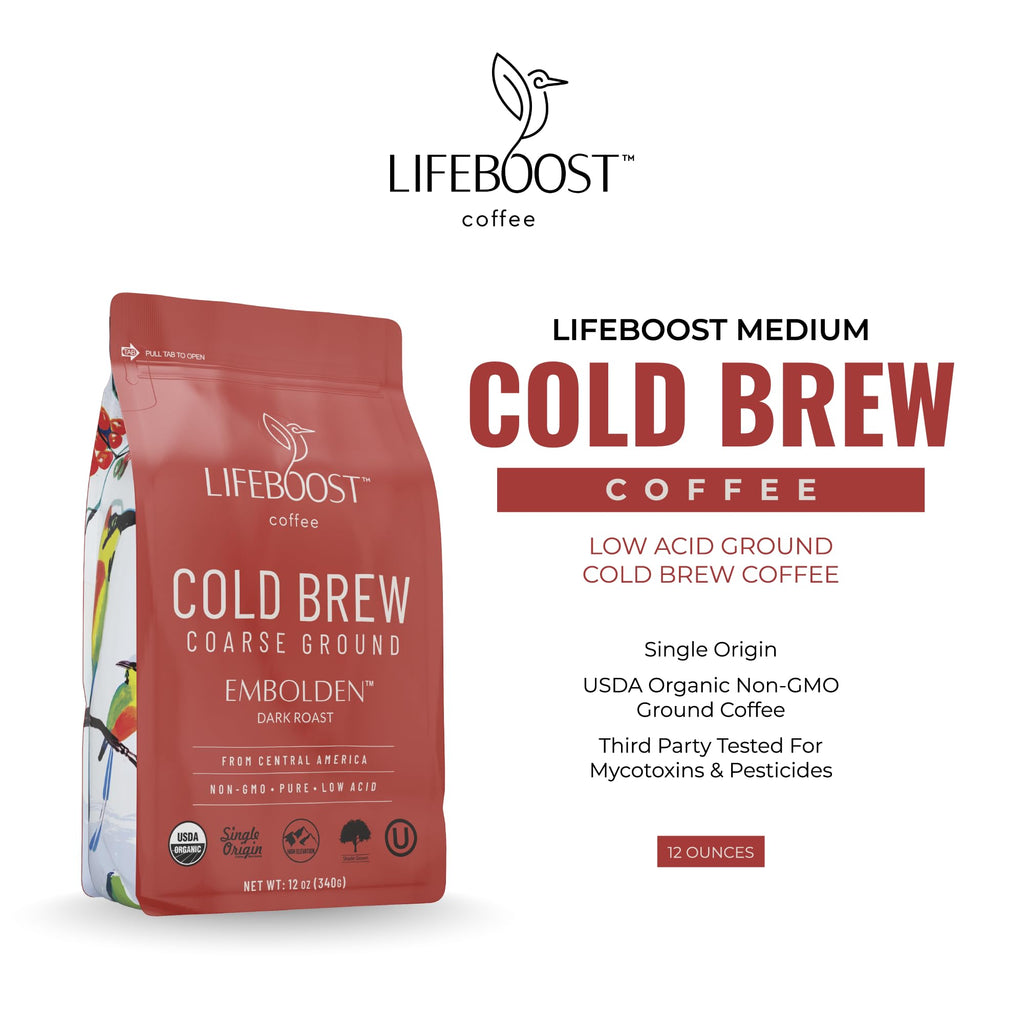 Lifeboost Low Acid Cold Brew Coffee, Organic Coarse Ground Medium Roast, 12 oz