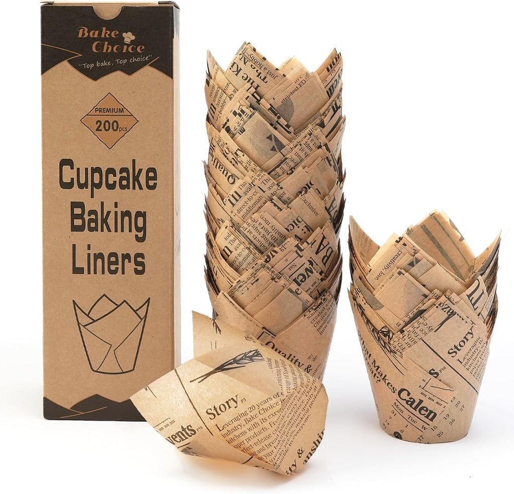 200pcs Standard Tulip Cupcake Liners for Baking, Newspaper Print Parchment Paper Muffin Liners, Grease Resistant Cupcake Wrappers for Parties, Weddings, Birthdays