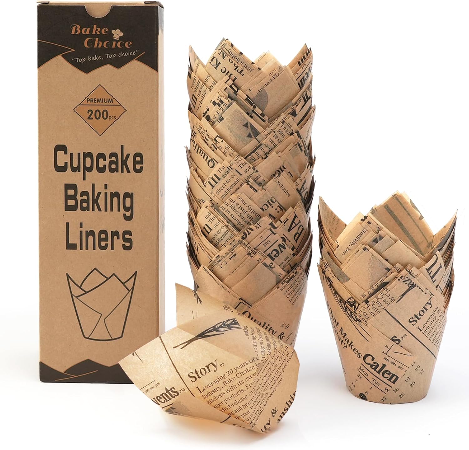 200pcs Standard Tulip Cupcake Liners for Baking, Newspaper Print Parchment Paper Muffin Liners, Grease Resistant Cupcake Wrappers for Parties, Weddings, Birthdays