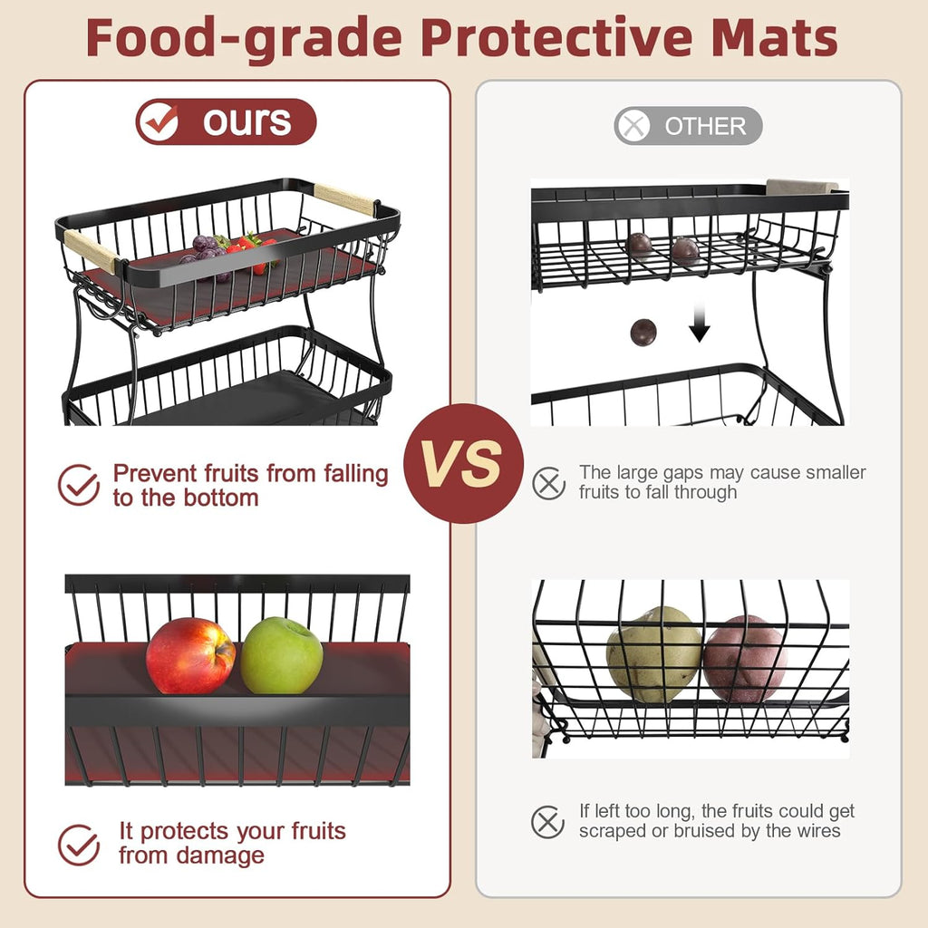2 Tier Large Fruit Basket for Kitchen Counter with 2 Mobile Banana Hangers, 2026 Pro Detachable Metal Fruit Bowl with Wooden Handle, Fruit Holder for Bread Snack Veggies with Protective Mats
