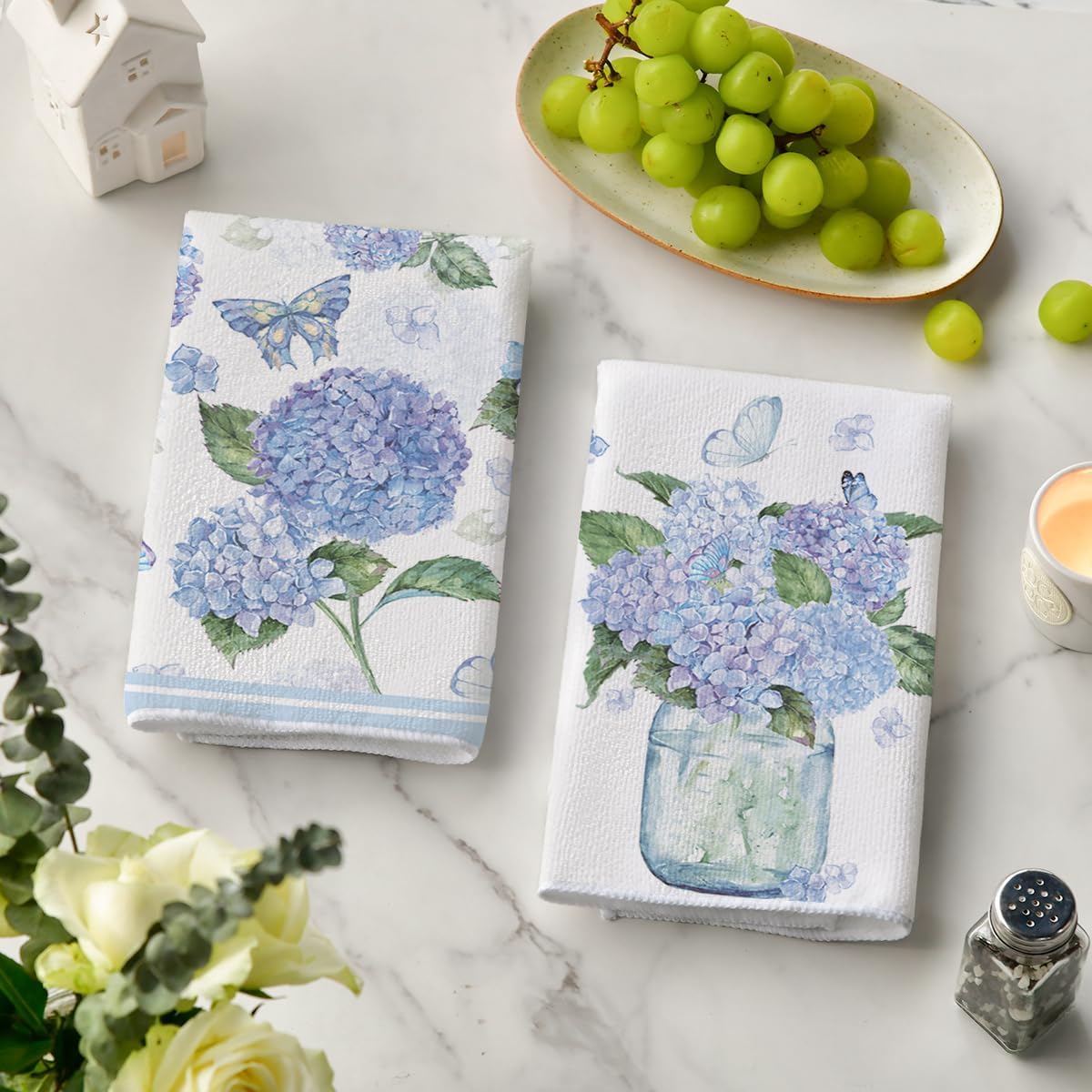 Artoid Mode Hydrangea Vase Butterfly Spring Kitchen Towels Dish Towels, 18x26 Inch Summer Flowers Holiday Decoration Hand Towels Set of 2