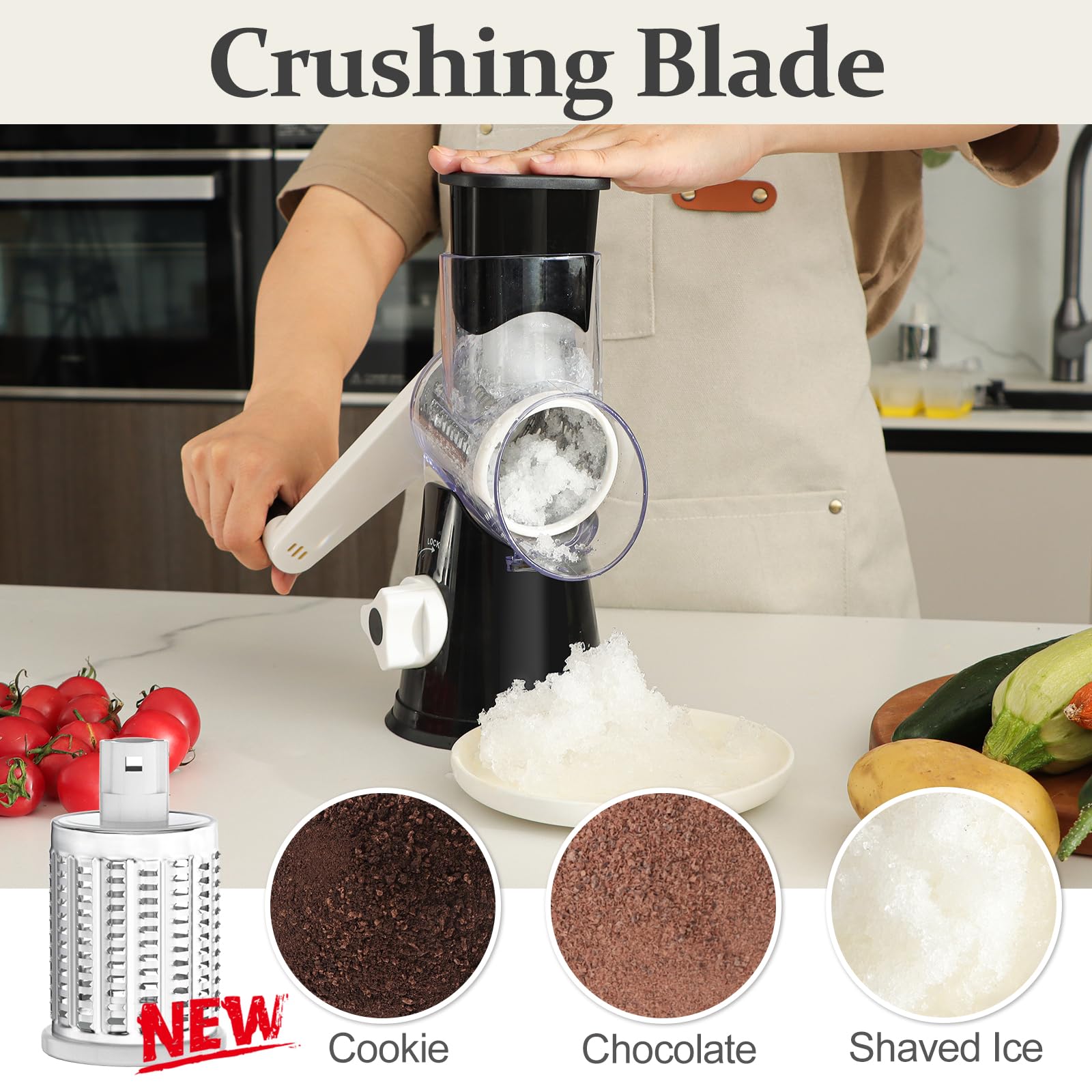 Cambom 5 in 1 Rotary Cheese Grater Hand Crank Cheese Shredder for Fresh Cheese, Vegetable, Nuts,Non-slip Suction Base, Black