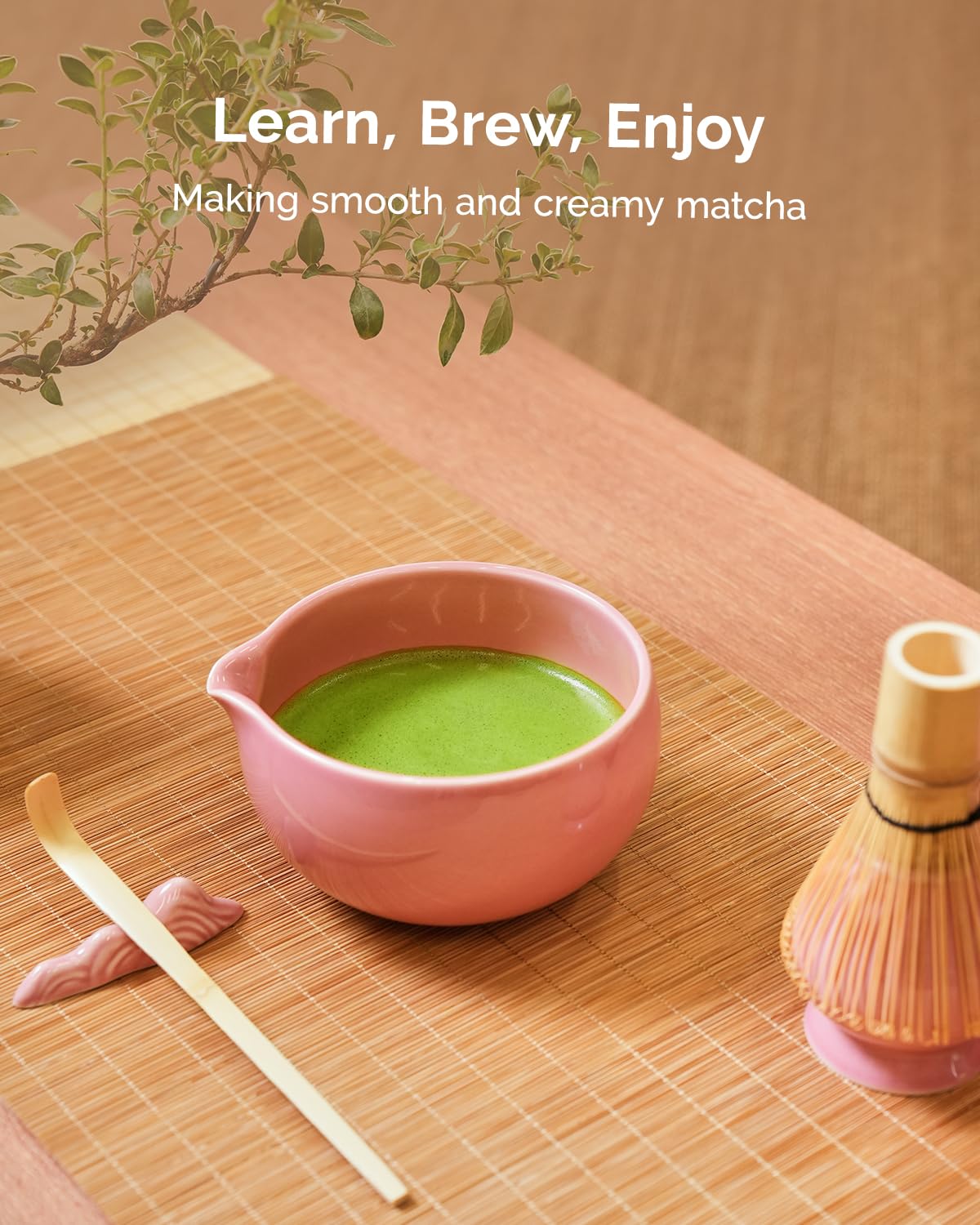 Maestri House Pink Matcha Whisk Set, 7-Pc Complete Matcha Kit with Spouted Ceramic Bowl, Bamboo Whisk and Holder, Scoop, Spoon Rest & Sifter, Tea Cloth – Ideal Gift for Matcha Lovers (Pink)