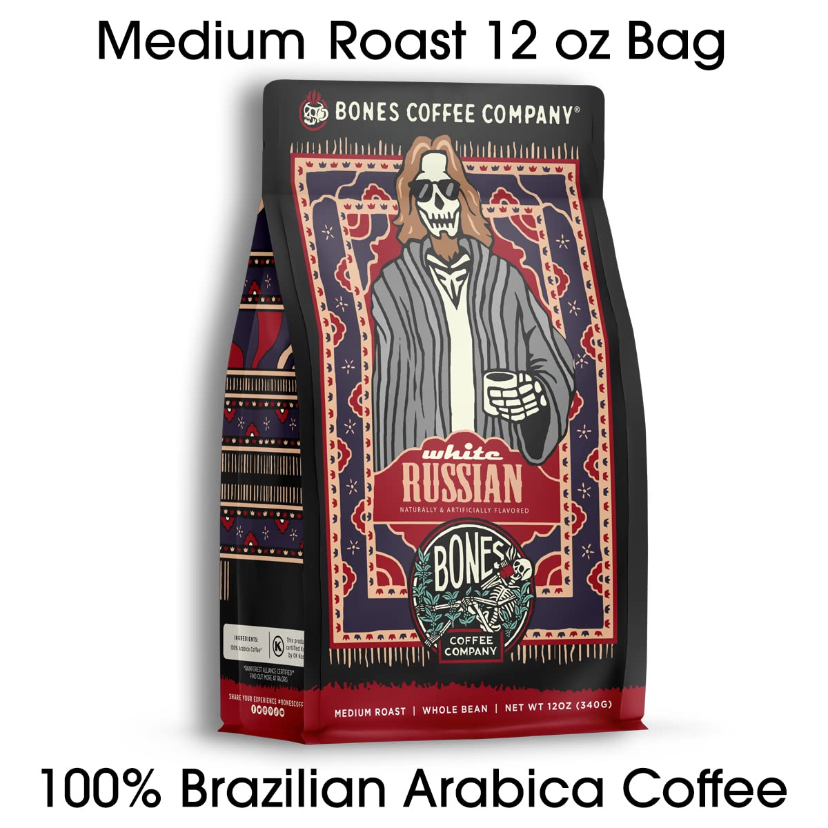 Bones Coffee Company Salted Caramel Flavored Coffee, Medium Roast Low Acid Arabica Beans Compatible with Auto drip and French Press Coffee Maker, 12 Oz Whole Bean