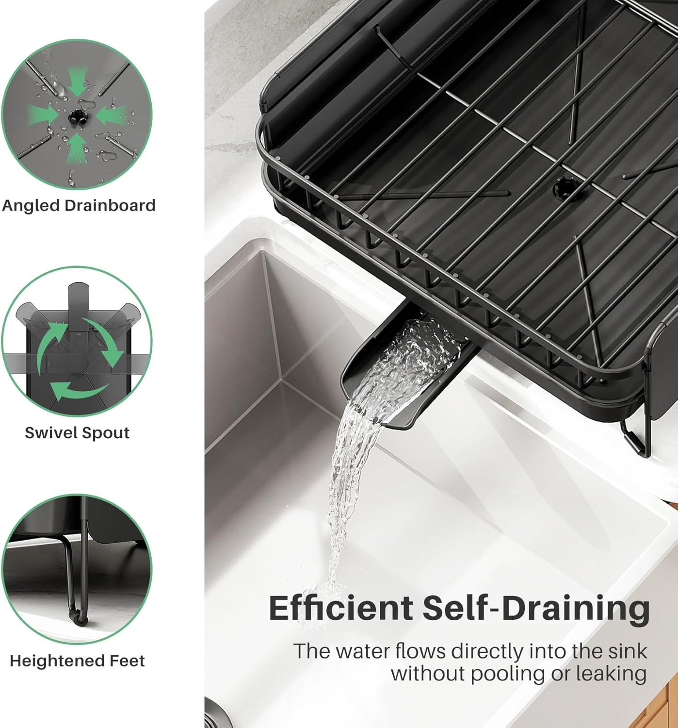 SNTD Large Dish Drying Rack - Expandable (19.3" to 29.4") Dish Rack for Kitchen Counter, Stainless Steel Dish Drainer with Utensil Holder, Pan Holder & Pot Lid Holder, Black