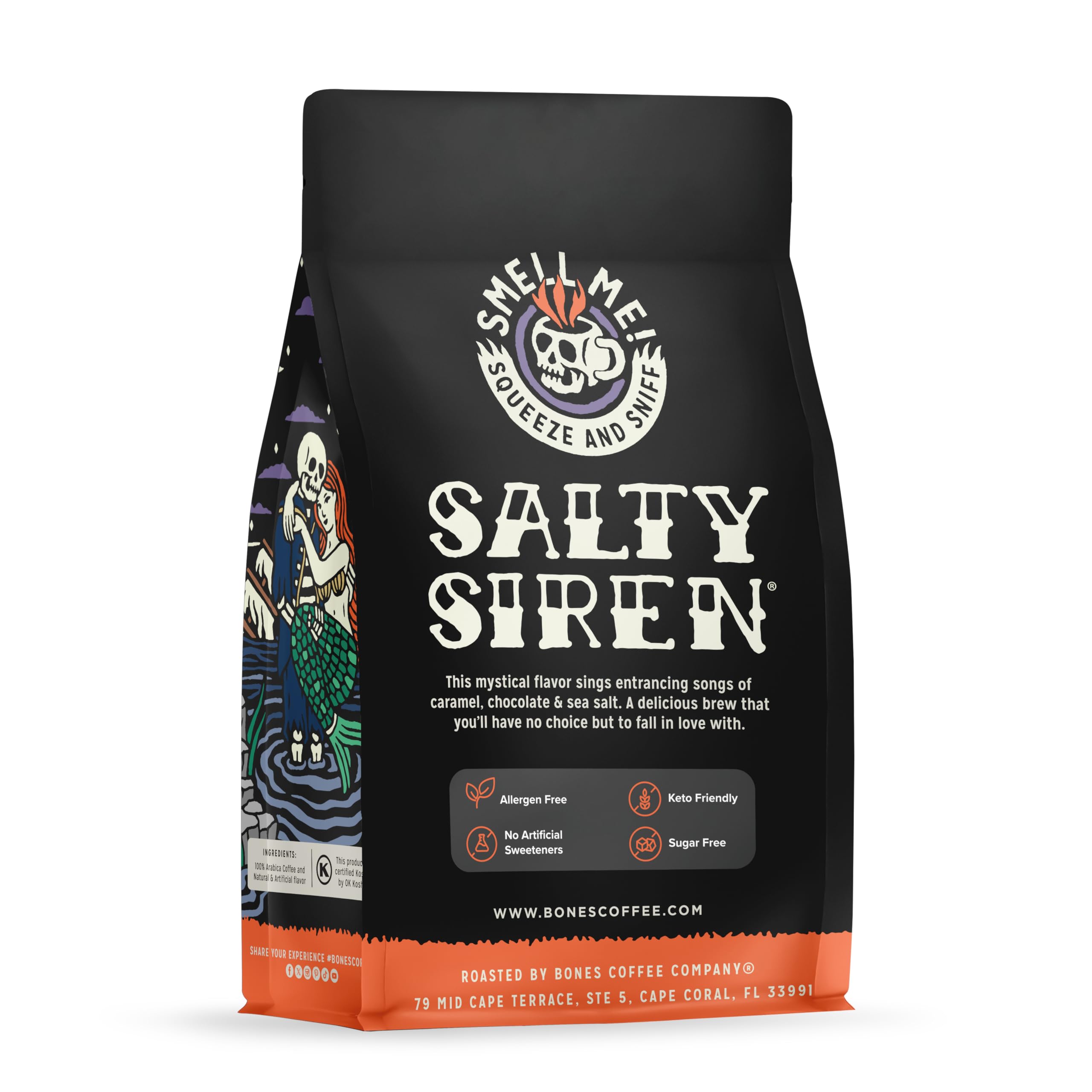 Bones Coffee Company Highland Grog, Butterscotch Caramel Flavored Coffee, Medium Roast Low Acid Arabica Beans Compatible with Auto drip and French Press Coffee Maker, 12 Oz Ground