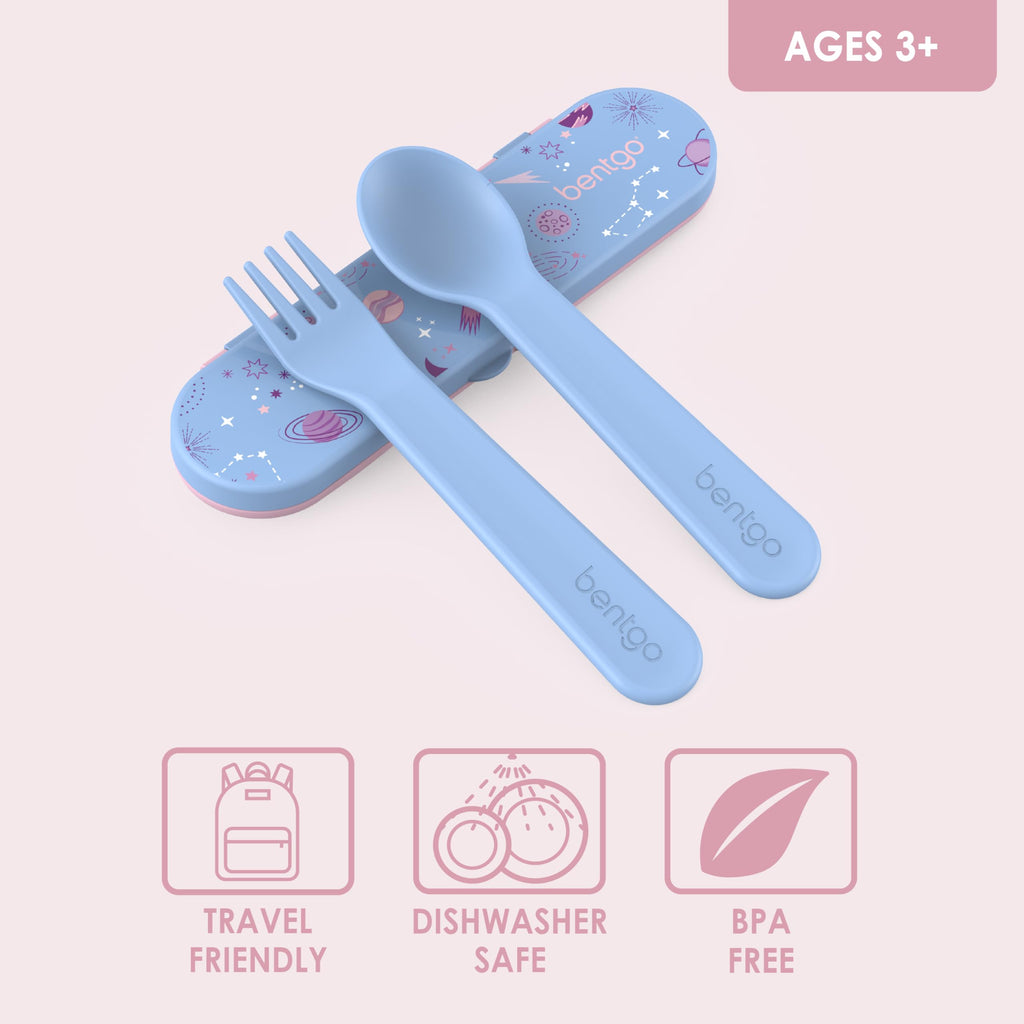 Bentgo Kids Utensil Set - Reusable Plastic Fork, Spoon & Storage Case BPA-Free Materials, Easy-Grip Handles, Dishwasher Safe Ideal for School Lunch, Travel, Outdoors (Rainbows and Butterflies)
