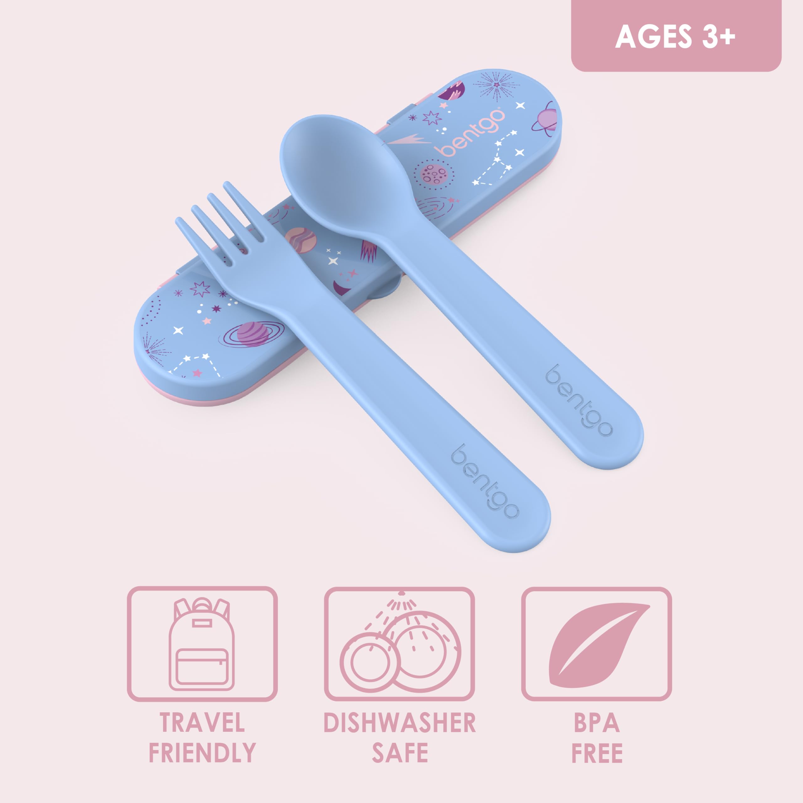 Bentgo Kids Utensil Set - Reusable Plastic Fork, Spoon & Storage Case BPA-Free Materials, Easy-Grip Handles, Dishwasher Safe Ideal for School Lunch, Travel, Outdoors (Rainbows and Butterflies)