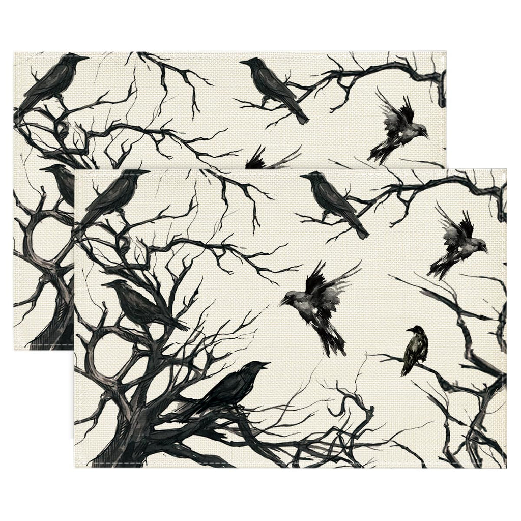 Artoid Mode Tree Crows Halloween Placemats Set of 4, 12x18 Inch Branches Fall Table Mats for Outdoor Home Party Kitchen Dining Decoration