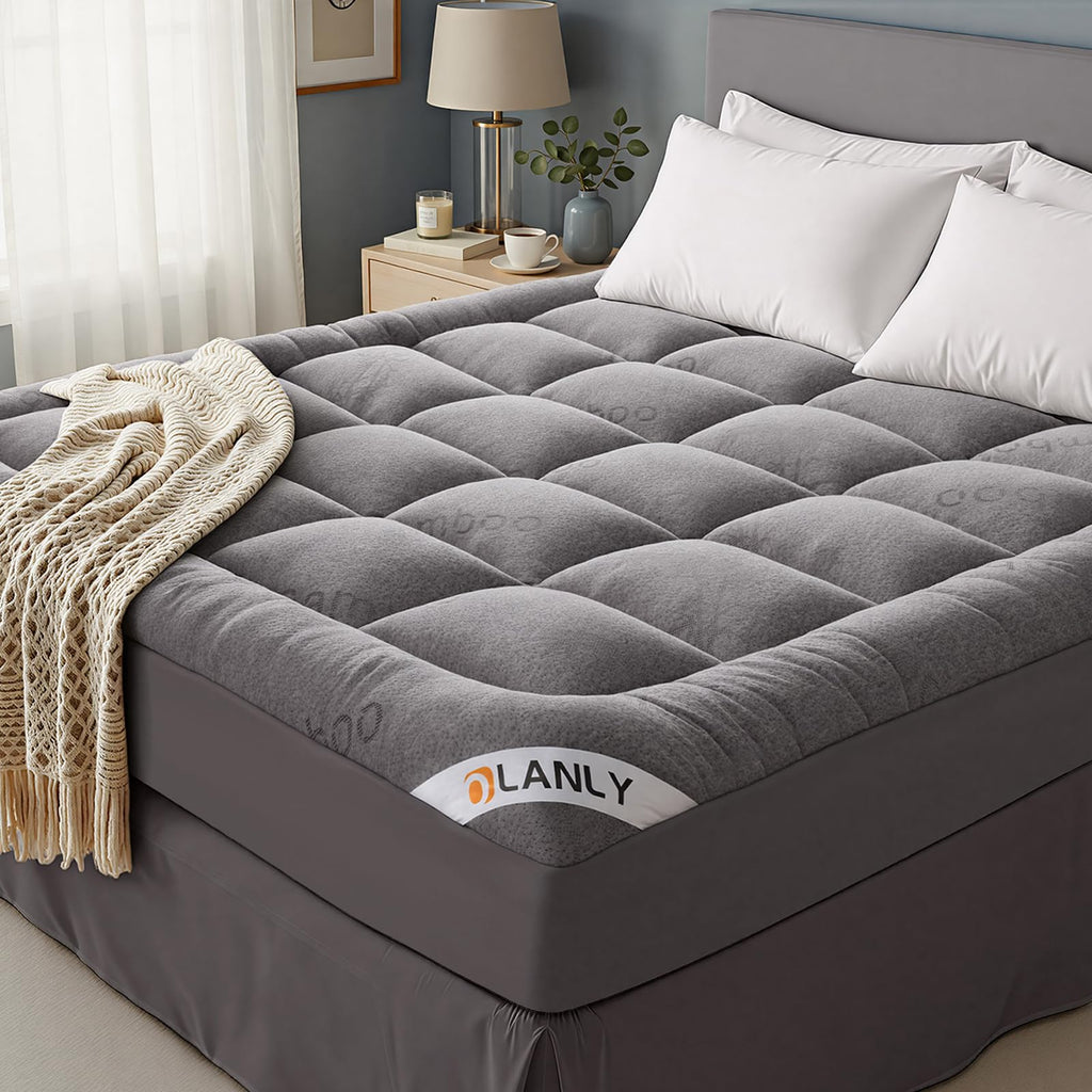 OLANLY Queen Mattress Topper – Viscose Made from Bamboo, Cooling Soft Queen Pillow Top Mattress Pad for Back Pain Relief, Plush Down Alternative Fill Bed Topper with Elastic Deep Pocket, Dark Gray
