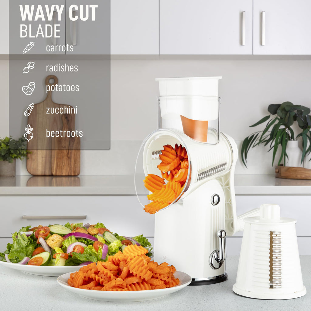 Zulay Kitchen Rotary Cheese Grater 5 Blade Cheese Shredder - Manual Hand Crank Cheese Grater With Reinforced Suction & 5 Interchangeable Drums - Easy to Use, Vegetable Chopper Round Mandoline Slicer