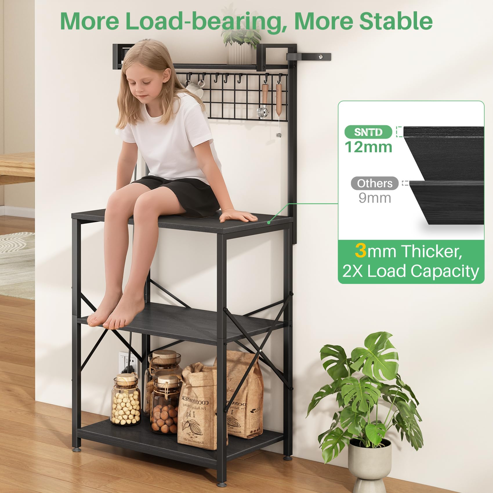 SNTD Bakers Rack with Power Outlet, Kitchen Shelves Microwave Stand with Wire Grid and 10 Hooks, 4 Tiers Coffee Stand (Rustic Brown, 23.5 x 15.6 x 52.8 Inches)