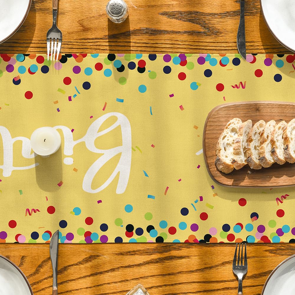 Artoid Mode Polka Dot Beige Happy Birthday Table Runner, Seasonal Kitchen Dining Table Decoration for Home Party Decor 13x72 Inch