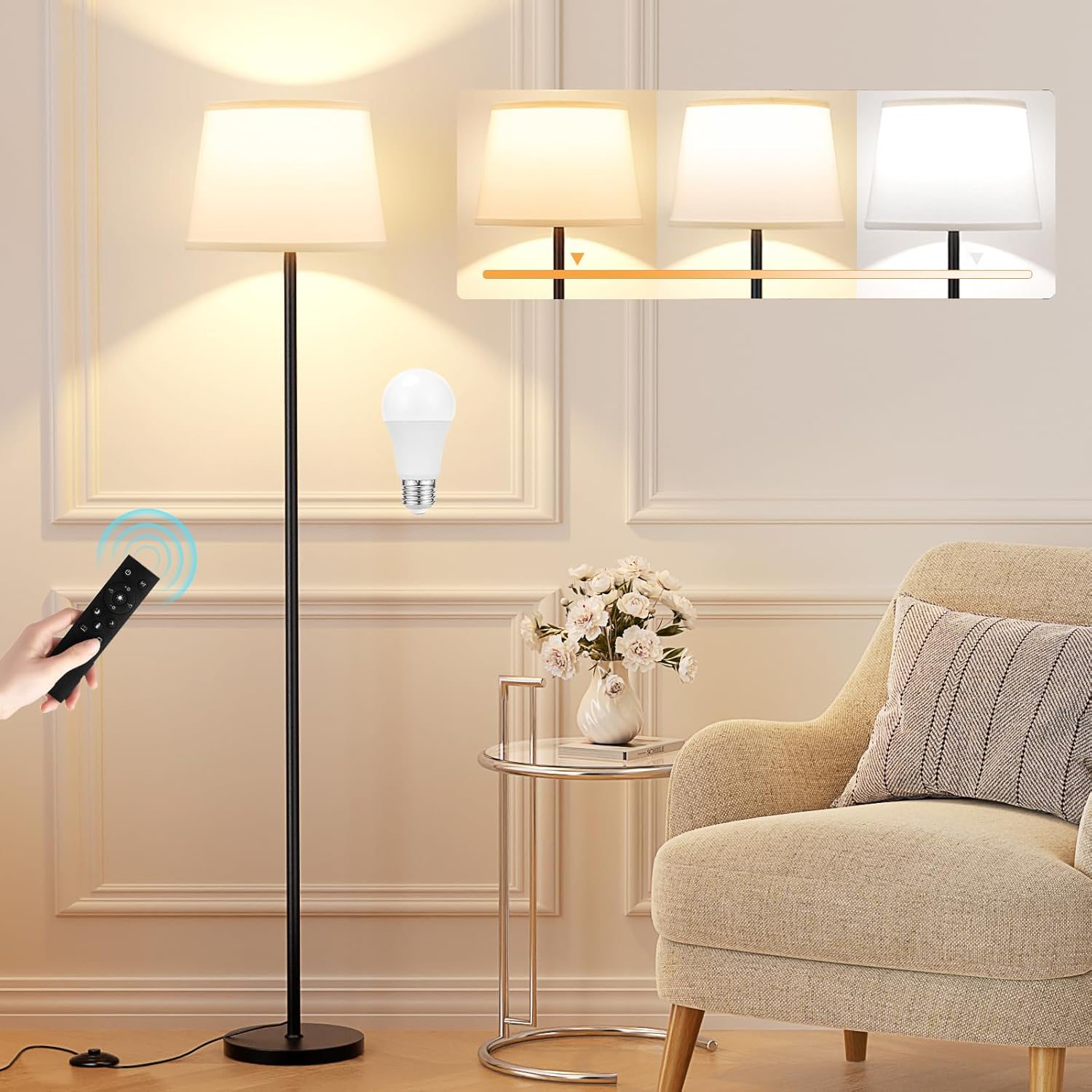 Upgraded Floor Lamps for Living Room White Shade and Beige Shade, Modern Floor Lamp with Remote Control, Dimmable Colors Temperature Standing Lamp Tall Lamps for Bedroom Office Kid Room(9W Bulb)