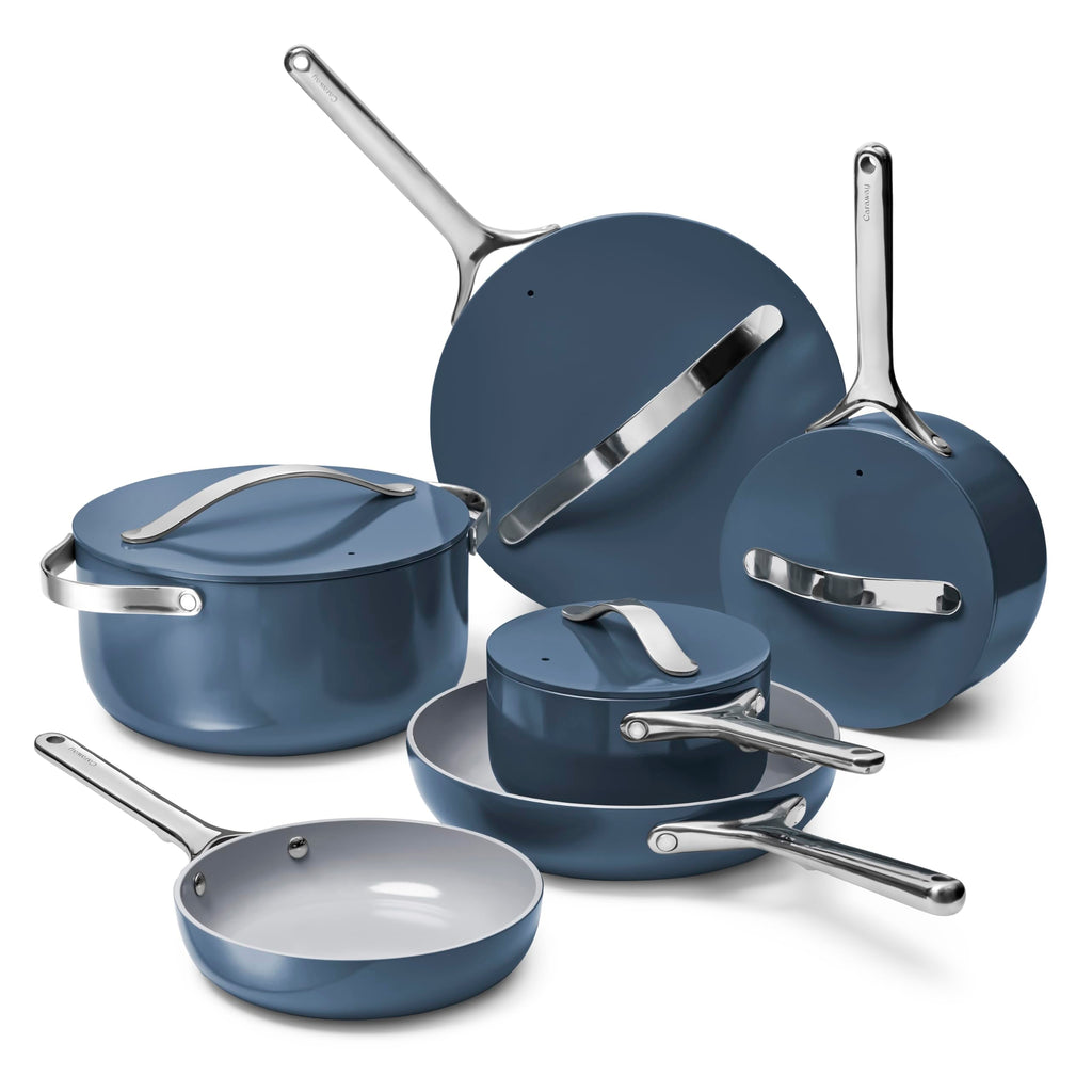 Caraway Non-stick Ceramic Cookware Set (12 Piece) Pots, Pans, Lids and Kitchen Storage - PFAS & PFOA Free - Oven Safe Pan Set & Compatible with All Stovetops - Cream
