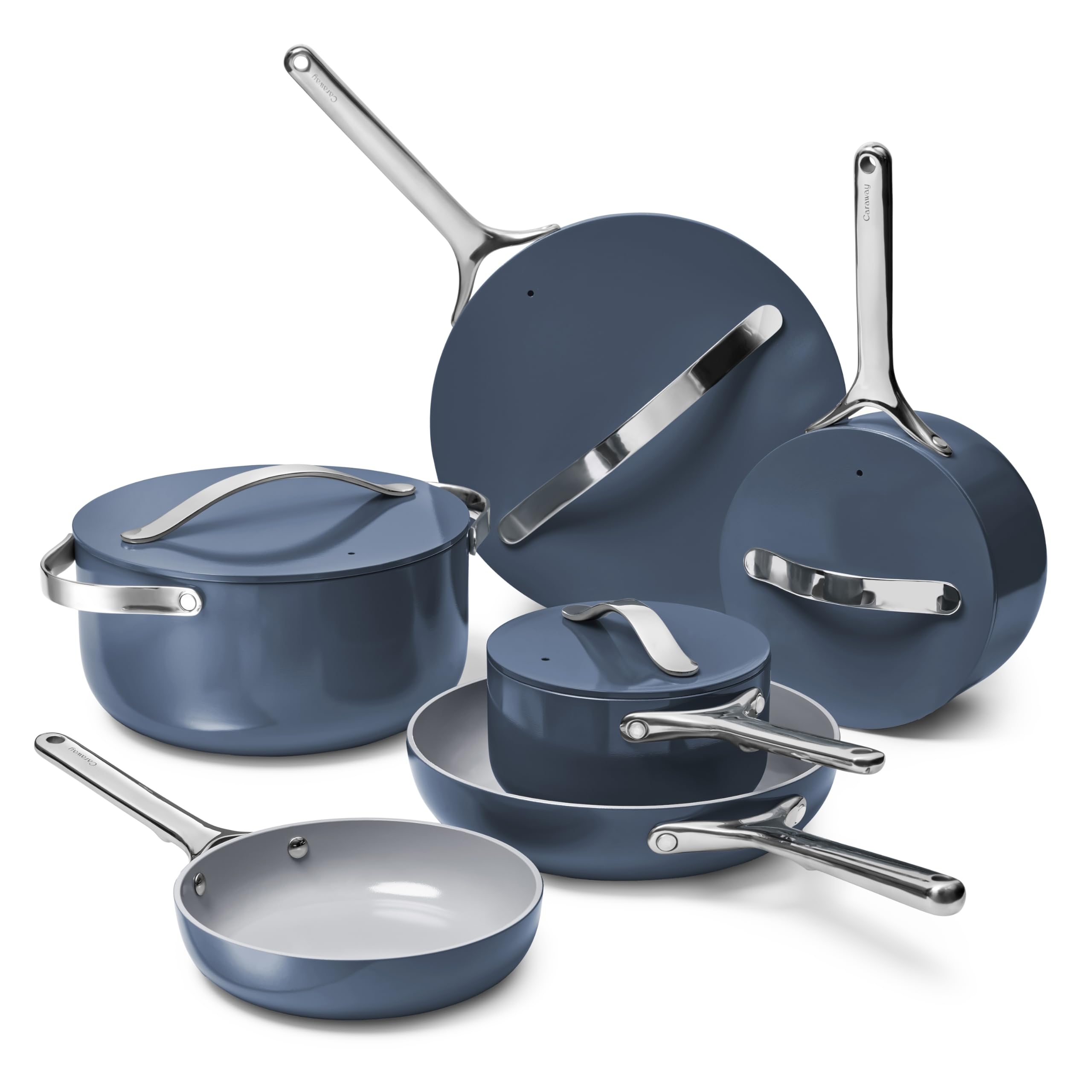 Caraway Non-stick Ceramic Cookware Set (12 Piece) Pots, Pans, Lids and Kitchen Storage - PFAS & PFOA Free - Oven Safe Pan Set & Compatible with All Stovetops - Cream