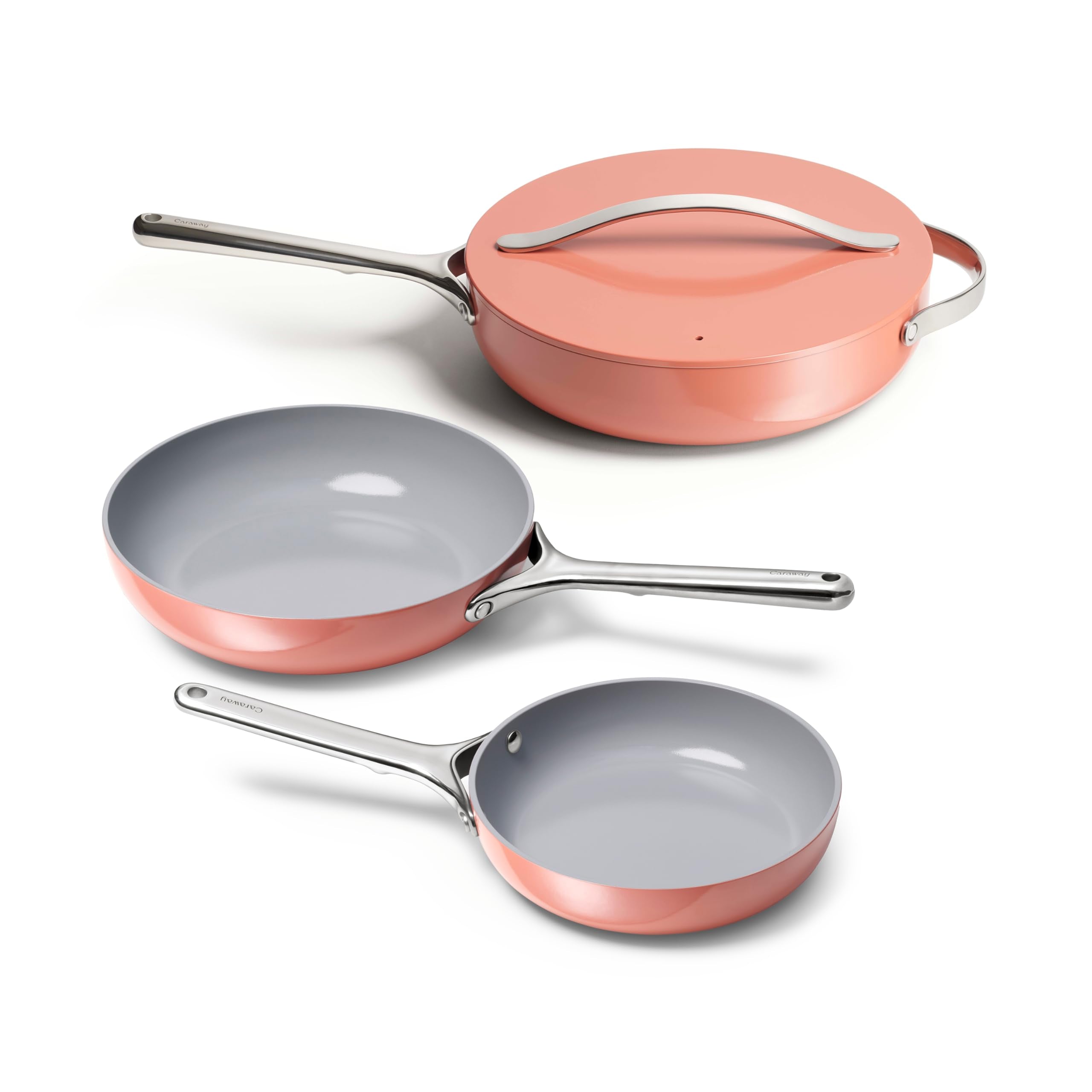 Caraway 4-Piece Fry Pan Set - Non-Stick Frying Pans (10.5” & 8”) & Non-Stick Sauté Pan - Non Toxic, PTFE & PFOA Free - Oven Safe & Compatible with All Stovetops (Gas, Electric & Induction) - Cream